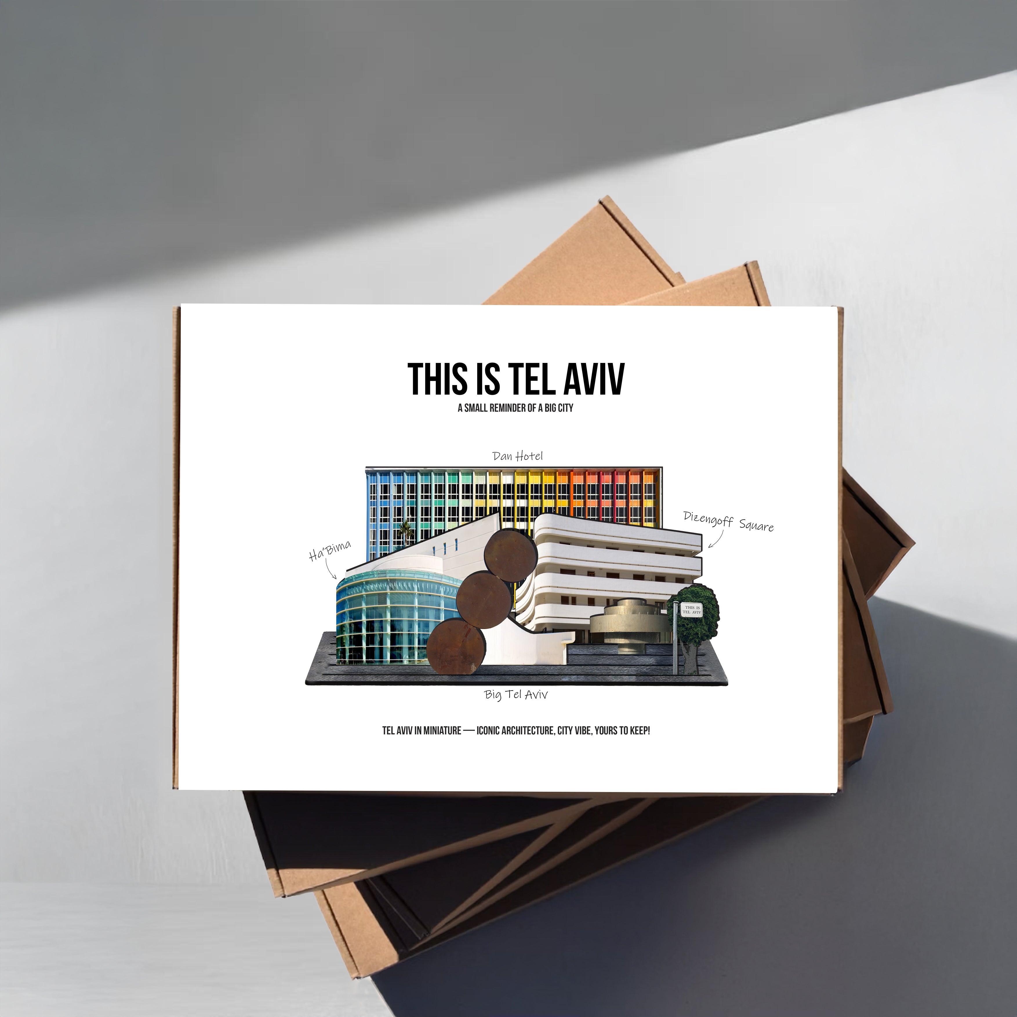 THIS IS TEL AVIV — Wooden Miniature - Large Edition showcasing Tel Aviv's architectural landmarks.