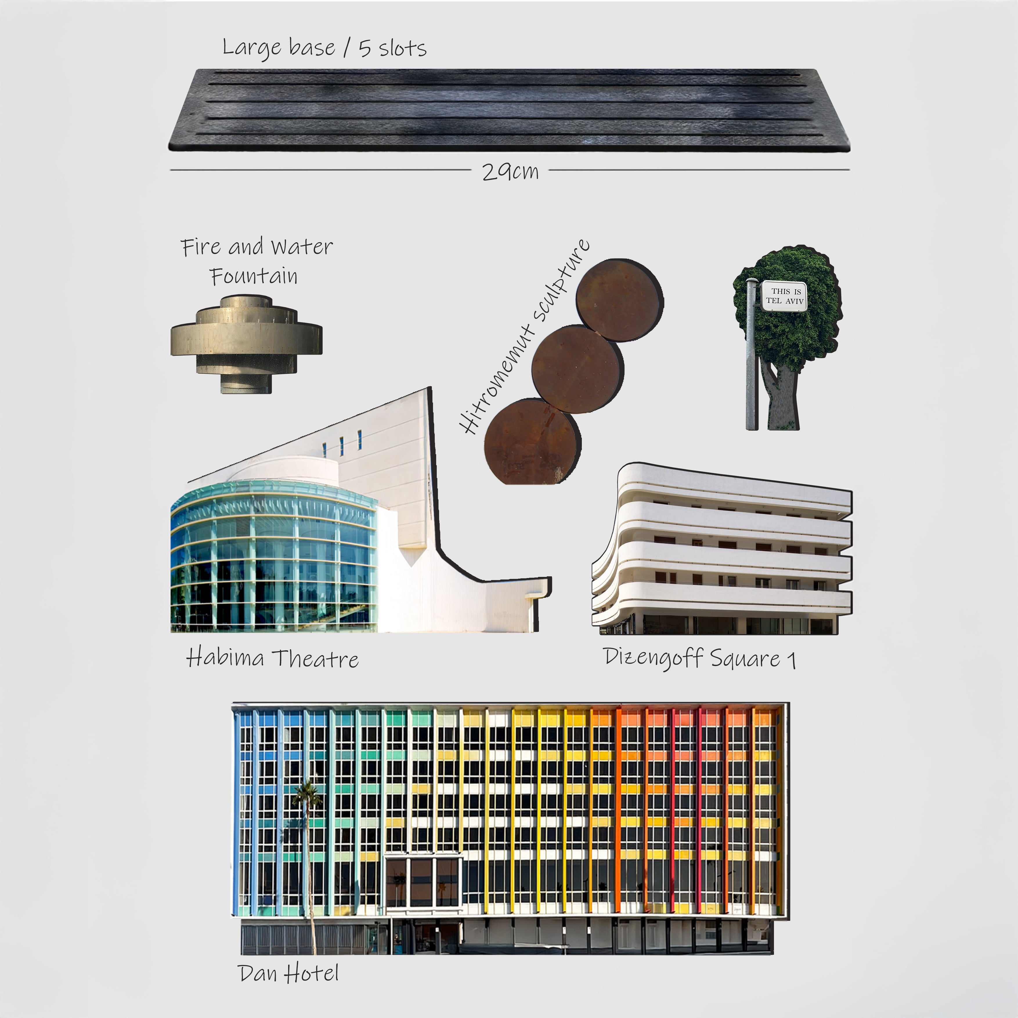 THIS IS TEL AVIV — Wooden Miniature featuring iconic landmarks including Habima Theatre and Dizengoff Square.