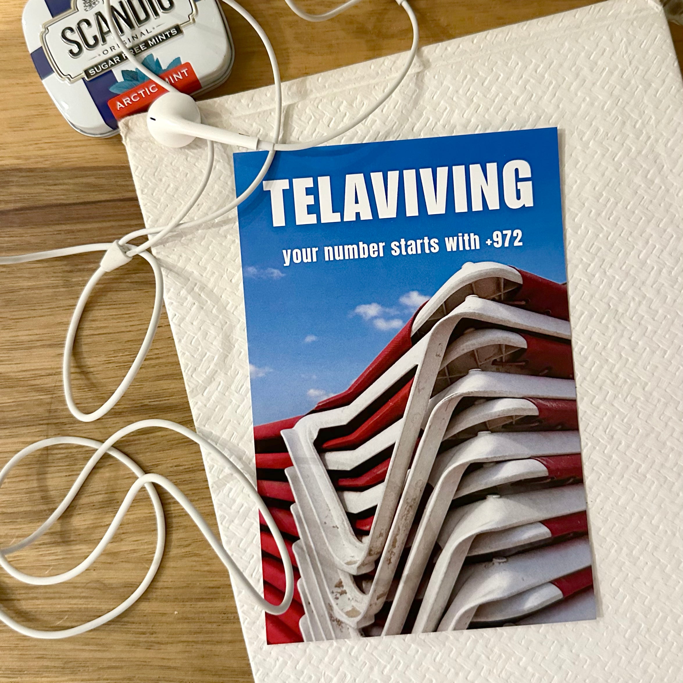 Tel Aviv Postcard featuring Telaviving design with vibrant colors and telephone code +972.