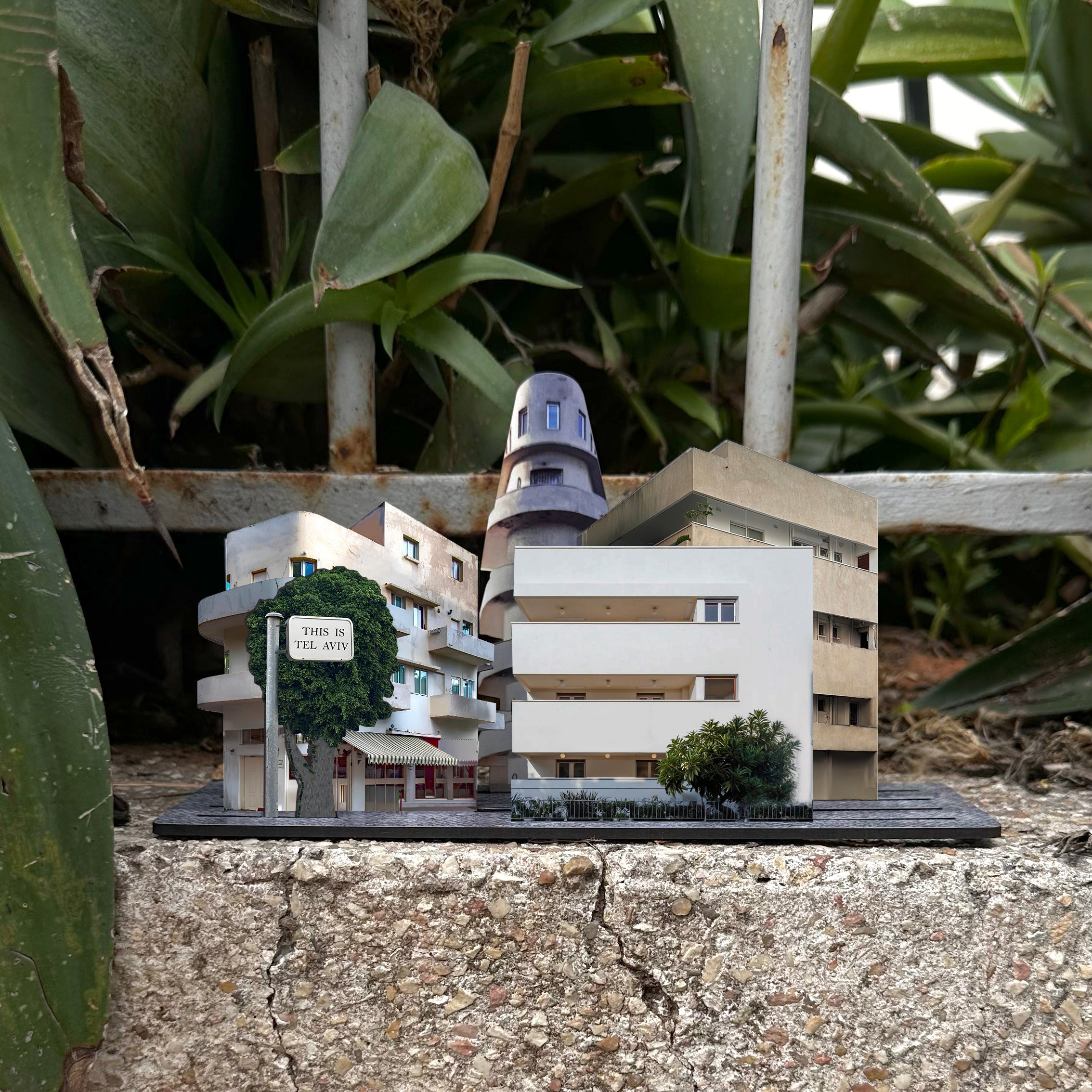 THIS IS TEL AVIV Israel Souvenir — Bauhaus Miniature depicting iconic modernist buildings against a natural background.