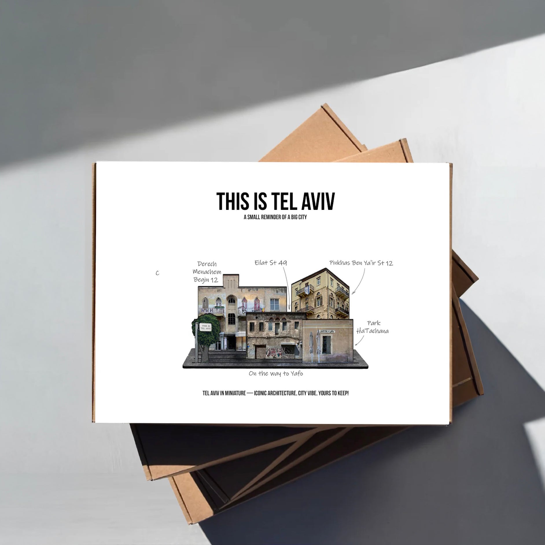 THIS IS TEL AVIV — Wooden Miniature set showcasing historic buildings and landmarks on the way to Yafo.