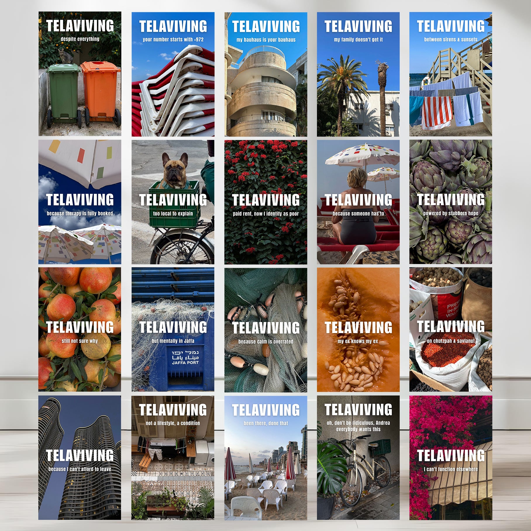 Tel Aviv Postcard Bundle featuring 20 unique postcards showcasing Tel Aviv's vibrant culture and scenic views.