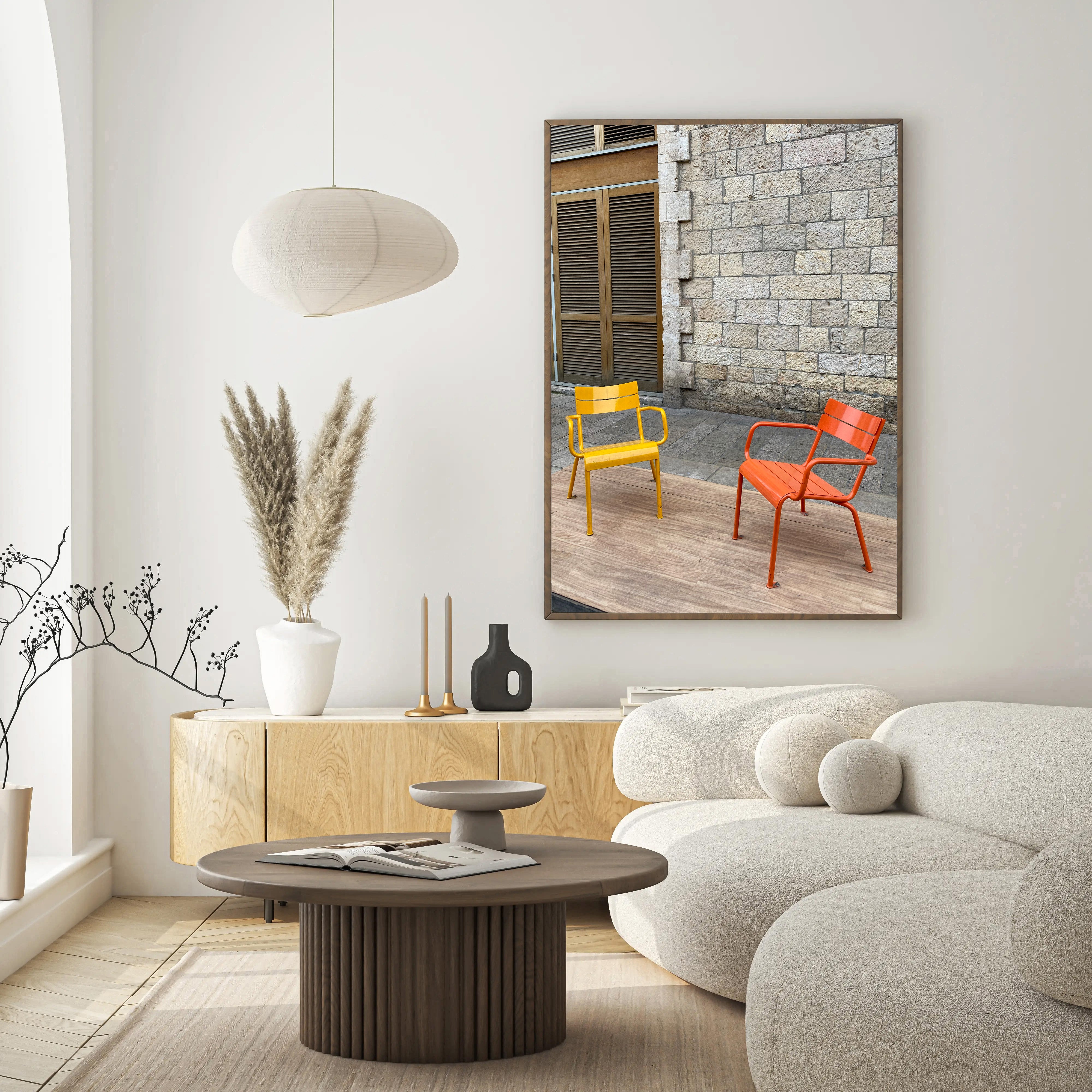 Jaffa Flea Market wall art featuring colorful yellow and orange chairs in Tel Aviv