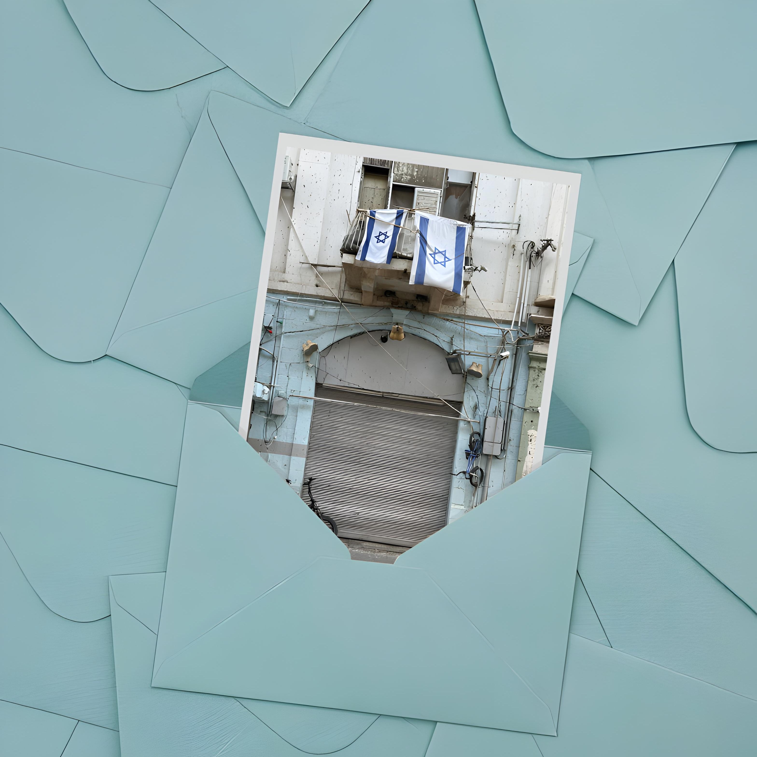 Letter from Tel Aviv photo print showing a building with Israeli flags, surrounded by green envelopes.