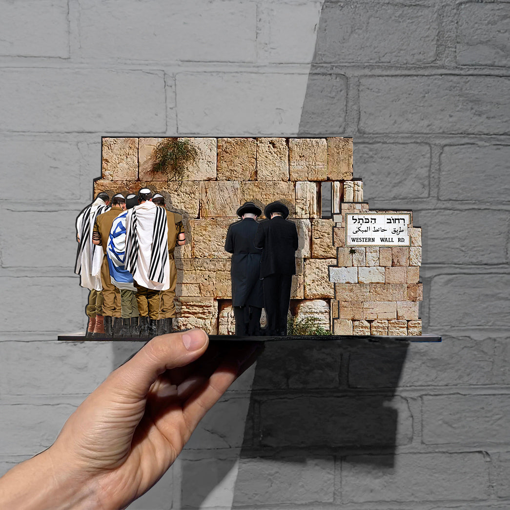 THIS IS JERUSALEM Israel Souvenir — Western Wall Miniature set held by a hand, depicting people at the Western Wall.