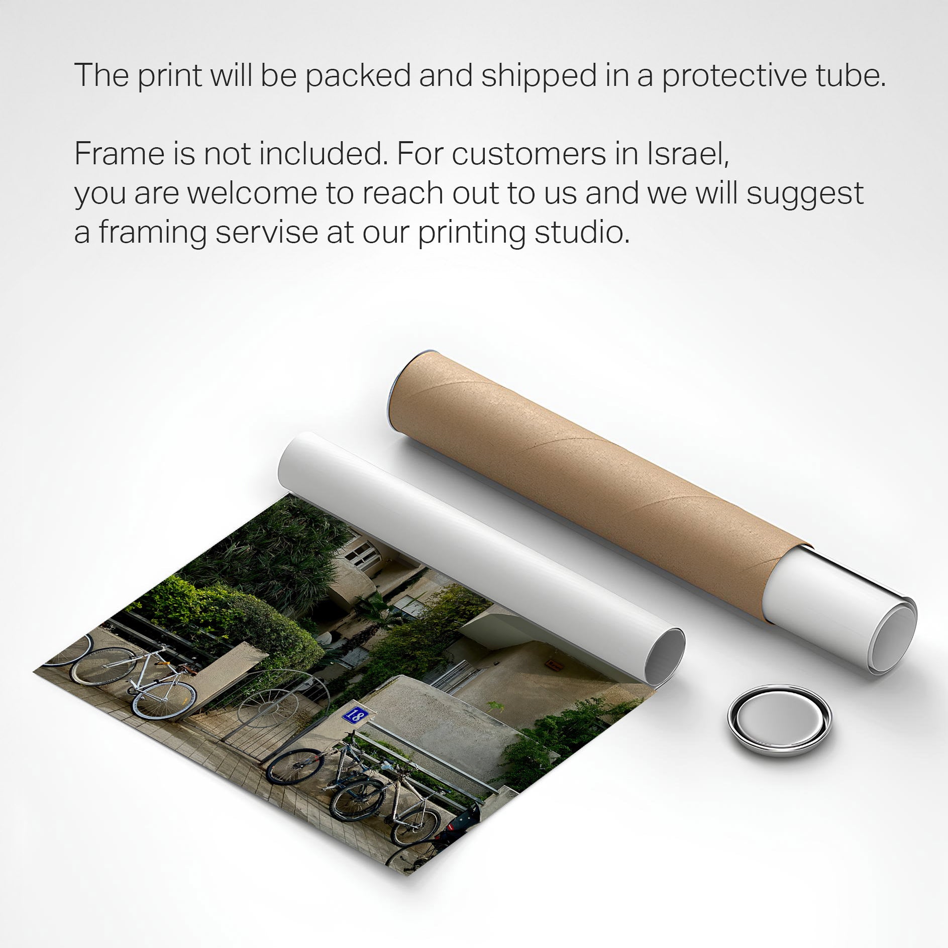 Bauhaus Tel Aviv photography print rolled and packed in a protective tube for shipping.
