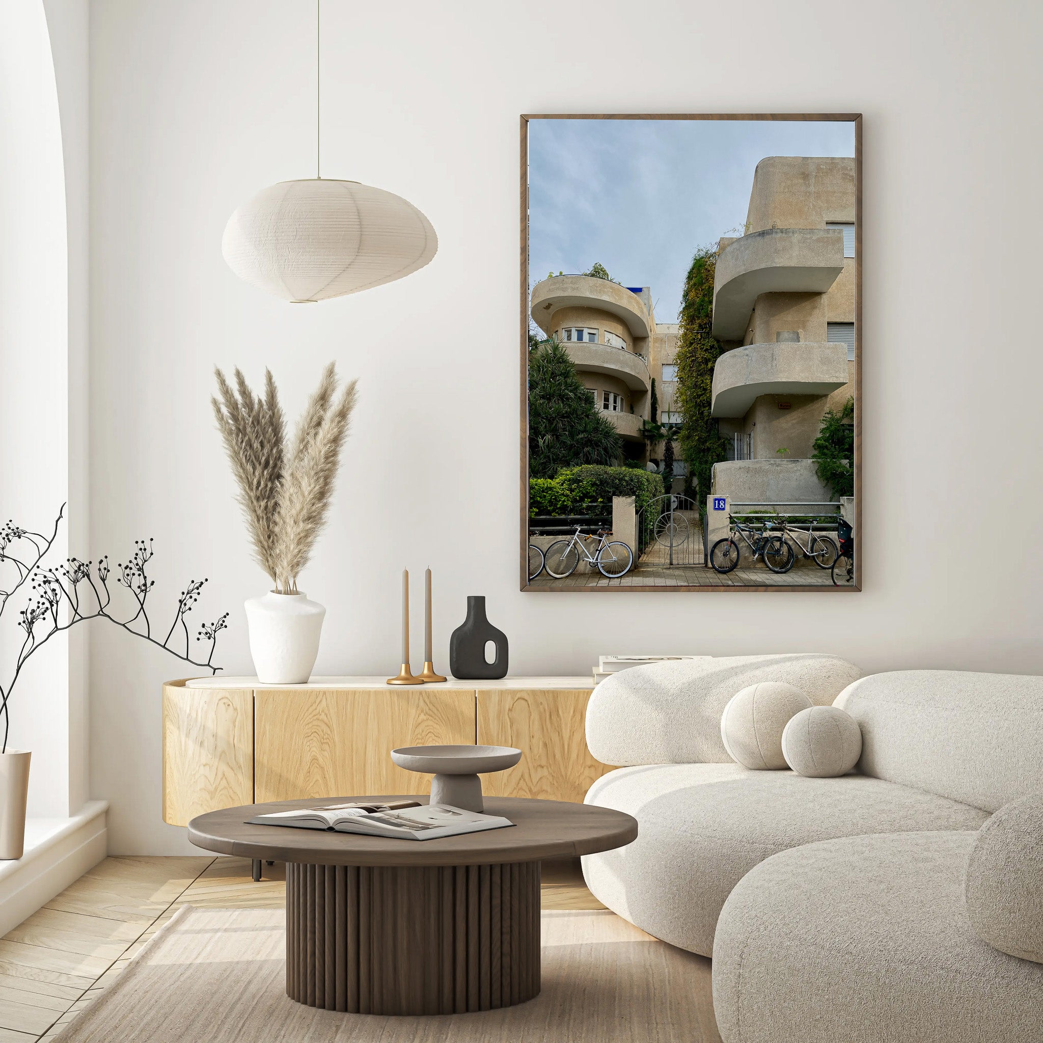 Bauhaus Tel Aviv photography print showcasing iconic architecture in a modern living room setting.