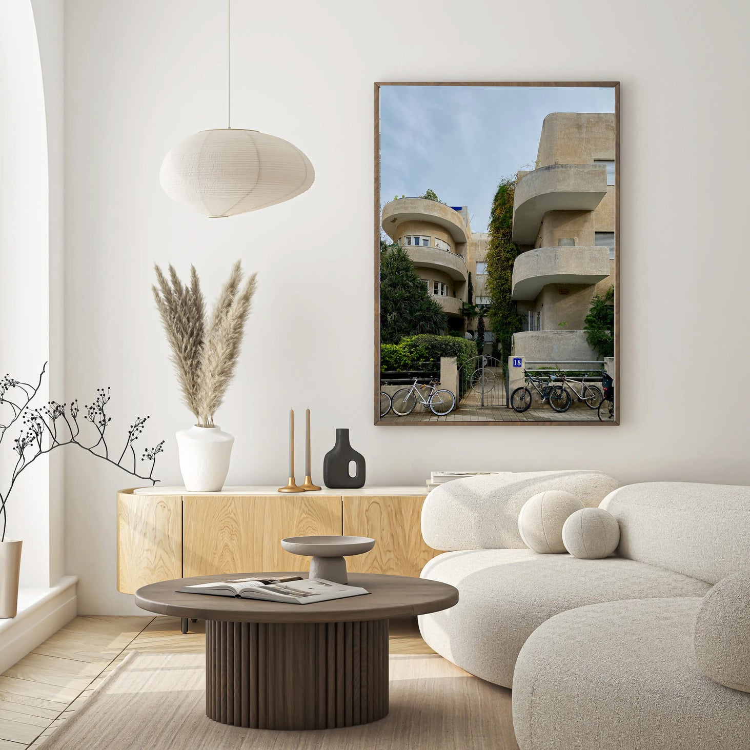 Printed Poster featuring a modern architectural view of Bialik Street displayed in a stylish living room setting.