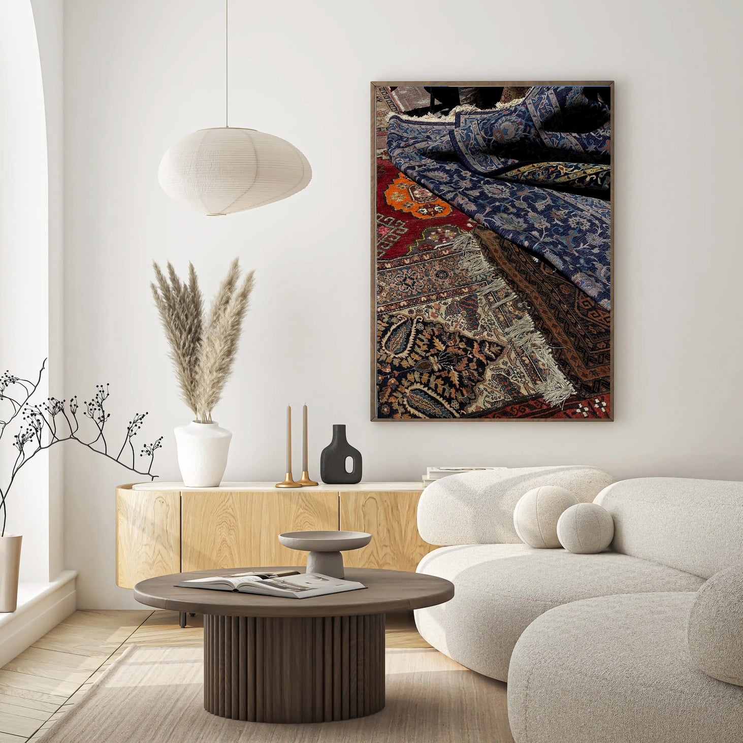 Printed poster featuring Tel Aviv Carpets displayed in a modern living room setting.