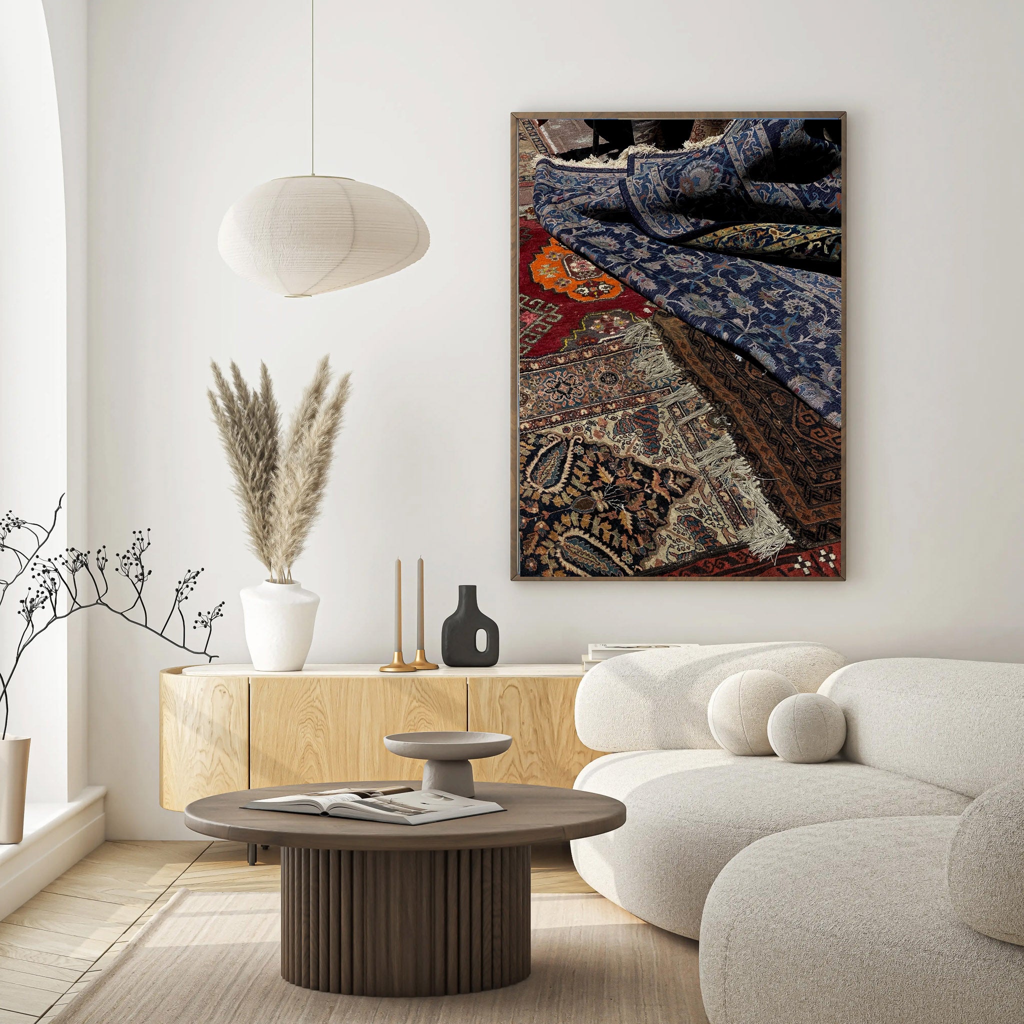 Printed poster featuring Tel Aviv Carpets displayed in a modern living room setting.