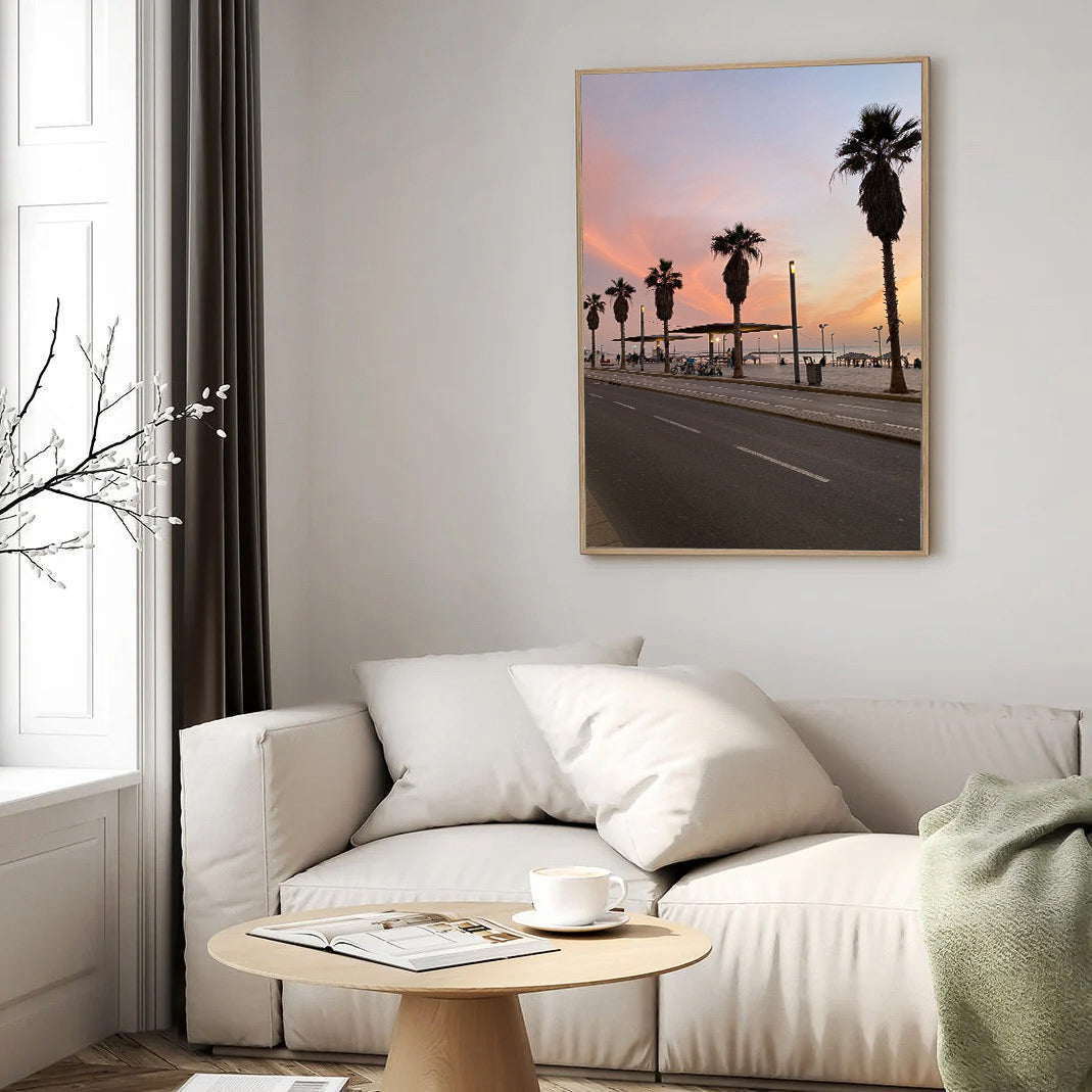 Sunset Sky of Tel Aviv — Tel Aviv Photography Print featuring palm trees along the beach at sunset.