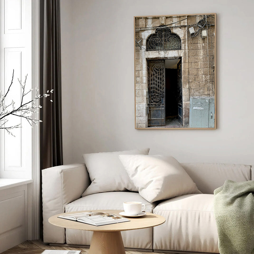 Printed poster featuring a Yafo door design, showcased in a stylish living room setting with modern decor.