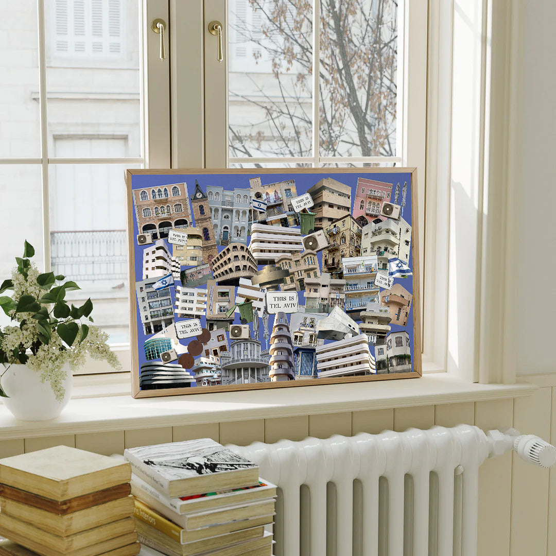 Tel Aviv Architecture collage print featuring iconic buildings and architectural details in a stylish room.