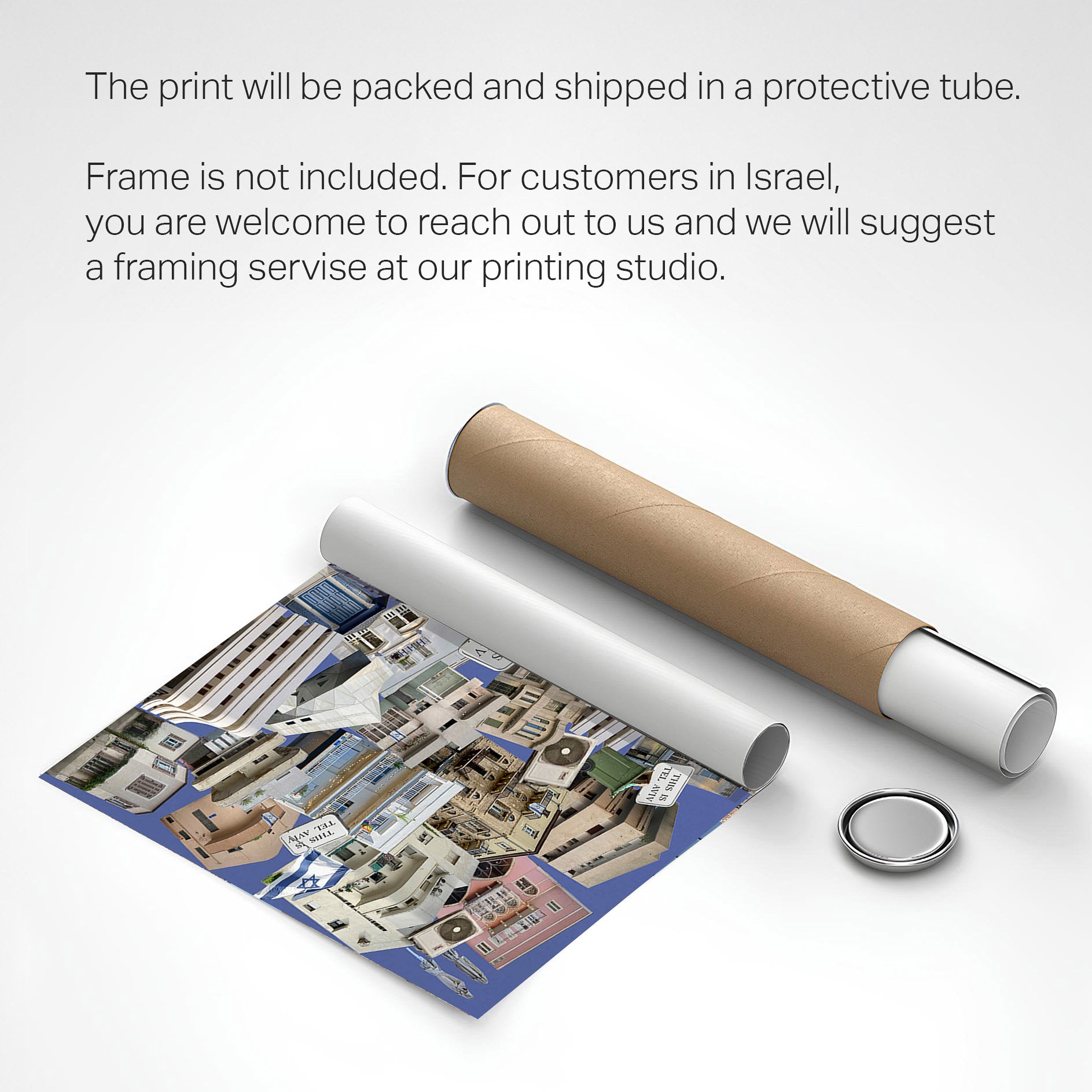 Printed Canvas of Tel Aviv collage rolled with protective tube for safe shipping, showcasing professional printing details.