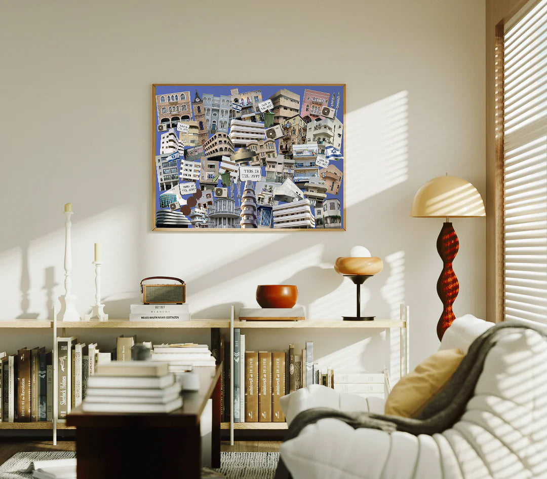 Tel Aviv Architecture collage print on wall in modern living room with bookshelves and stylish decor.
