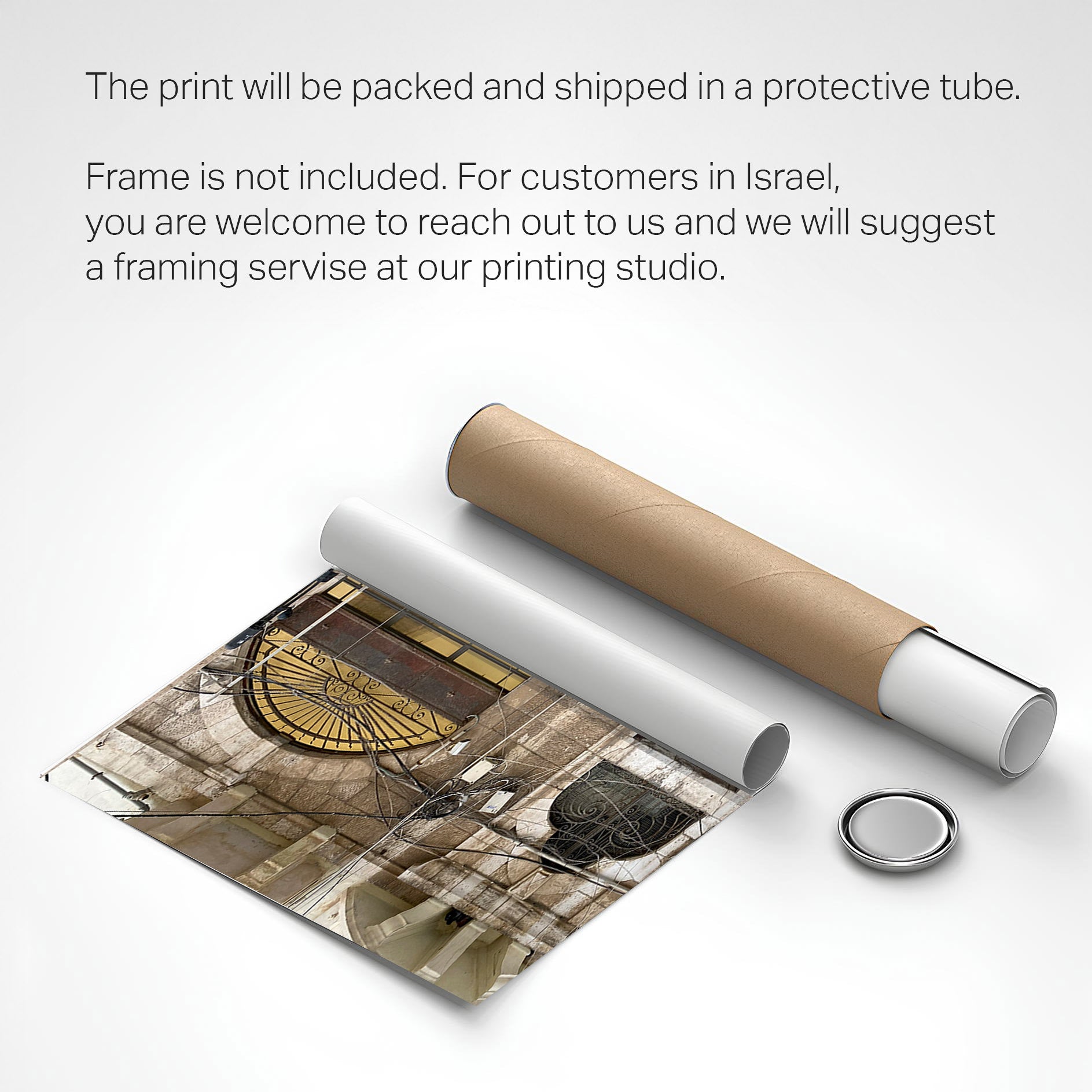 Jaffa Architecture photography print packaged in a protective tube ready for shipping, featuring Tel Aviv Wall Art.