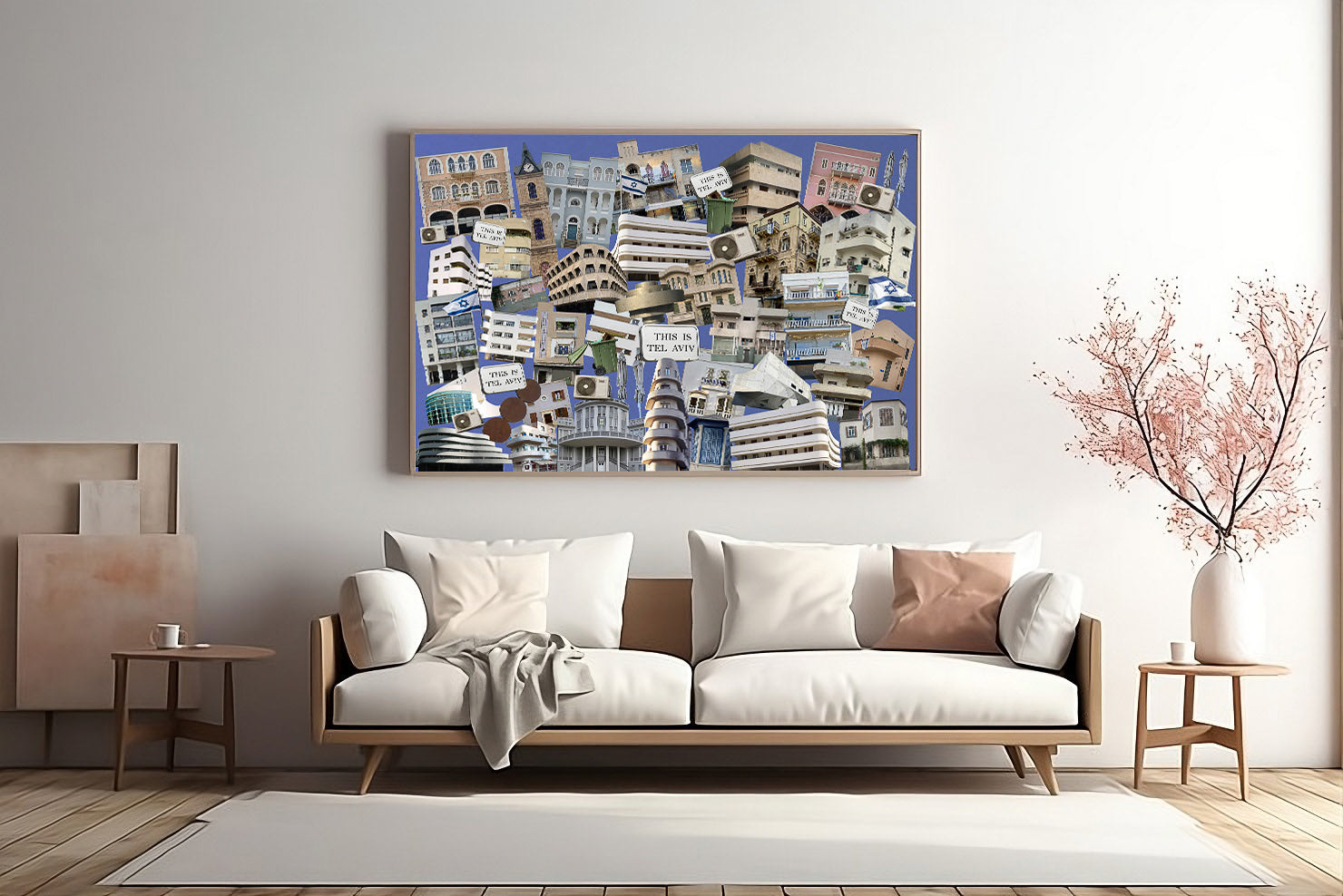 Tel Aviv Architecture collage print displayed in a modern living room, showcasing the city's unique architectural details.