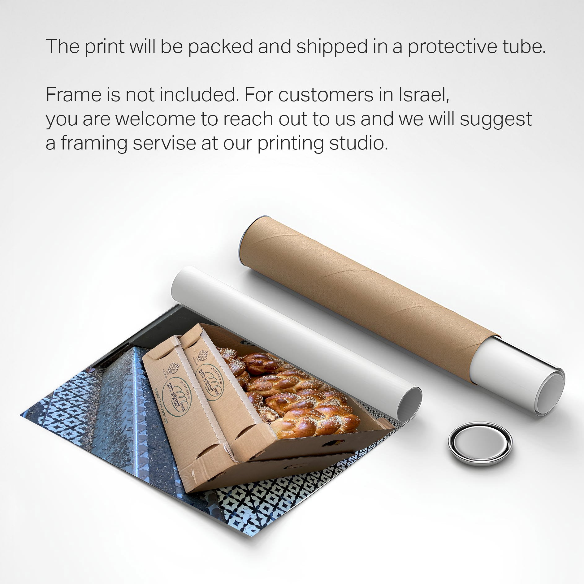 Printed poster of Challah for Shabbat packed in a protective tube for shipping.