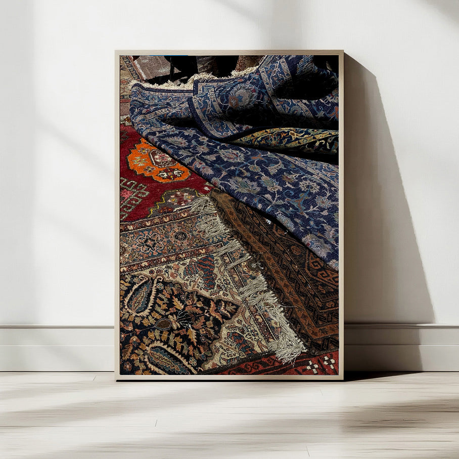 Printed Poster featuring intricate designs of Tel Aviv Carpets displayed elegantly on a wall.