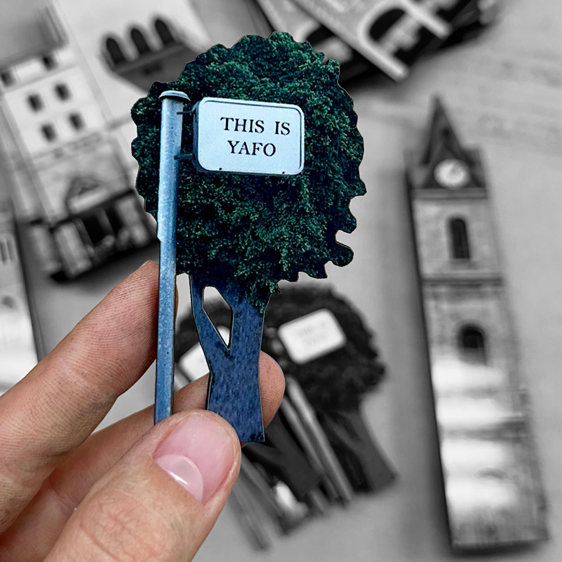 THIS IS TEL AVIV Israel Souvenir — City Miniature featuring a tree with a sign saying THIS IS YAFO.