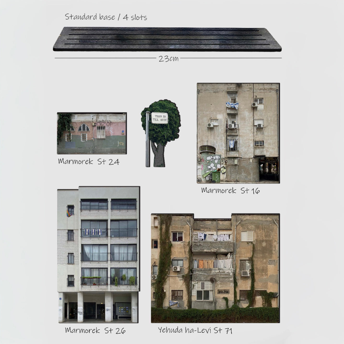 THIS IS TEL AVIV — Wooden Miniature image showcasing locations on Marmorek Street and Yehuda ha-Levi Street.