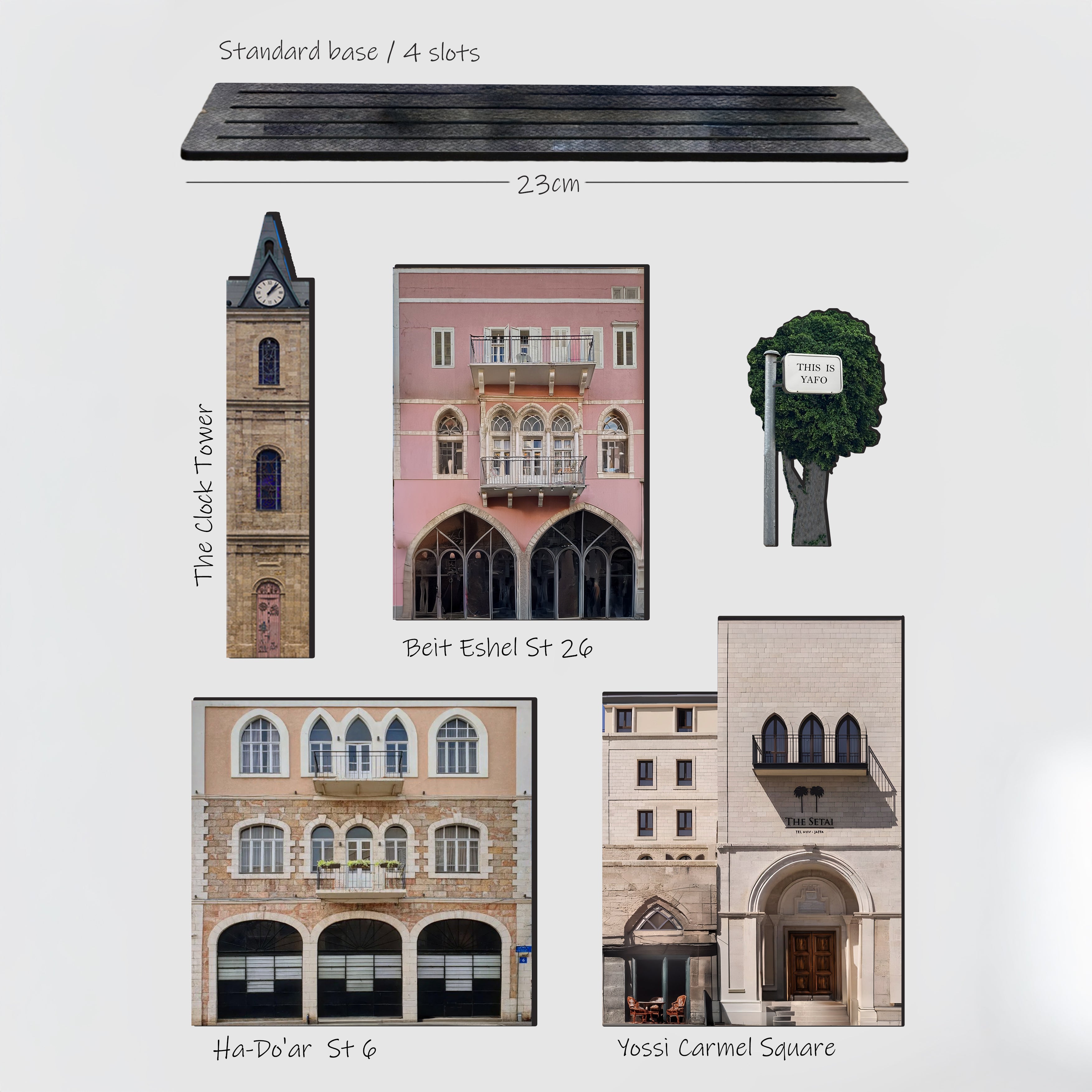 THIS IS TEL AVIV — Wooden Miniature featuring The Clock Tower, Beit Eshel St 26, Ha-Do'ar St 6, and Yossi Carmel Square.