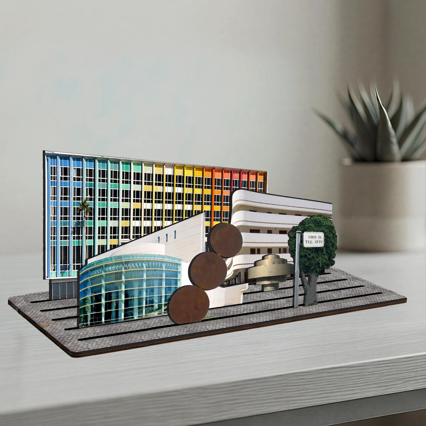 THIS IS TEL AVIV — Wooden Miniature showcasing iconic Tel Aviv buildings in a colorful cityscape.