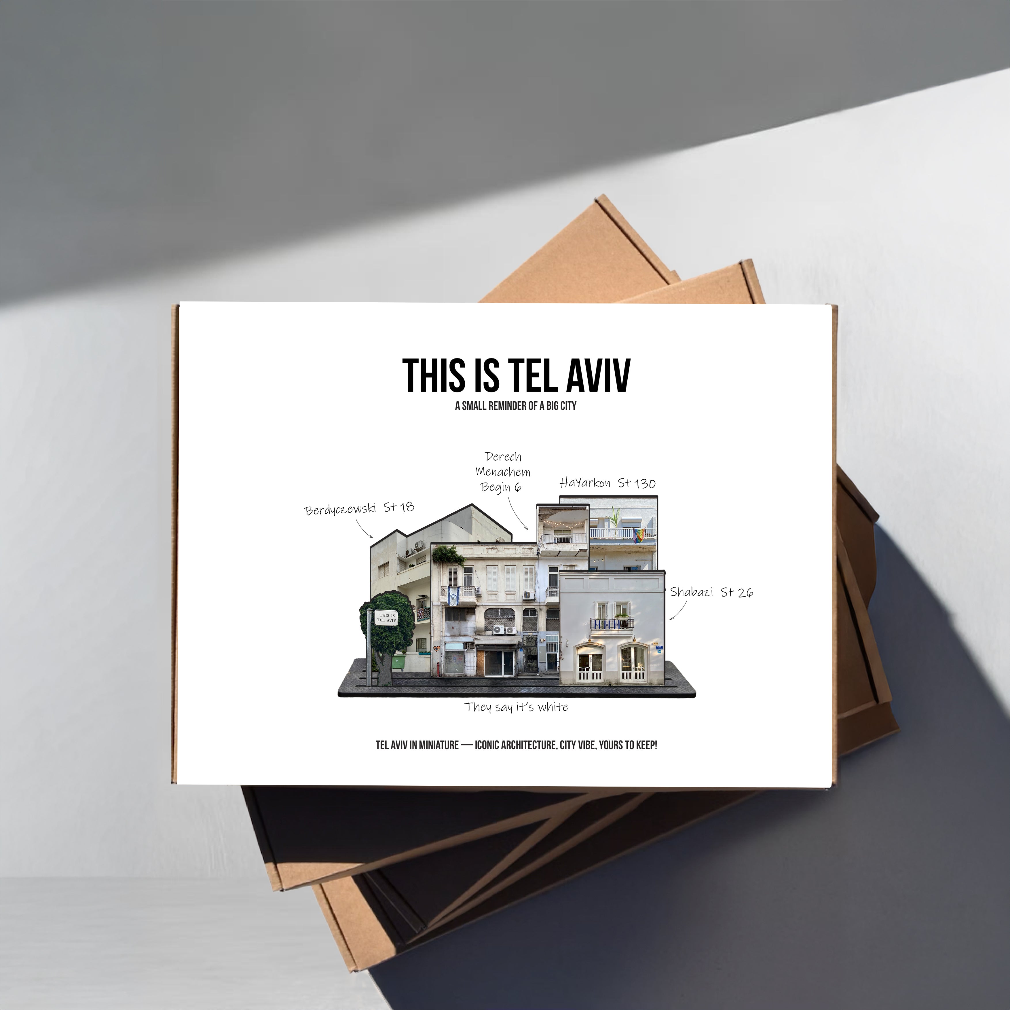 THIS IS TEL AVIV — Wooden Miniature display featuring iconic buildings and facades in Tel Aviv.