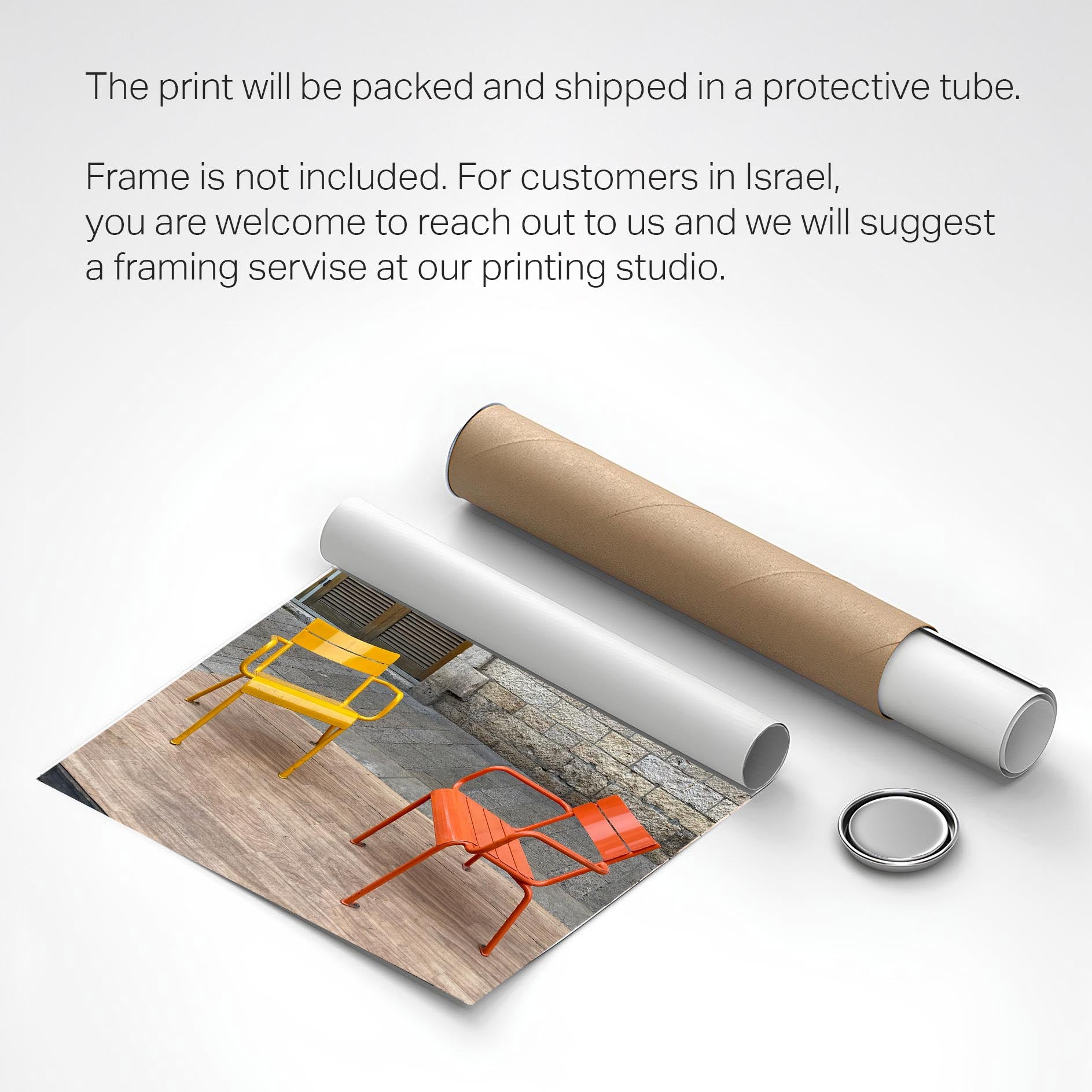 Jaffa Flea Market photography print rolled and ready for shipping in a protective tube.