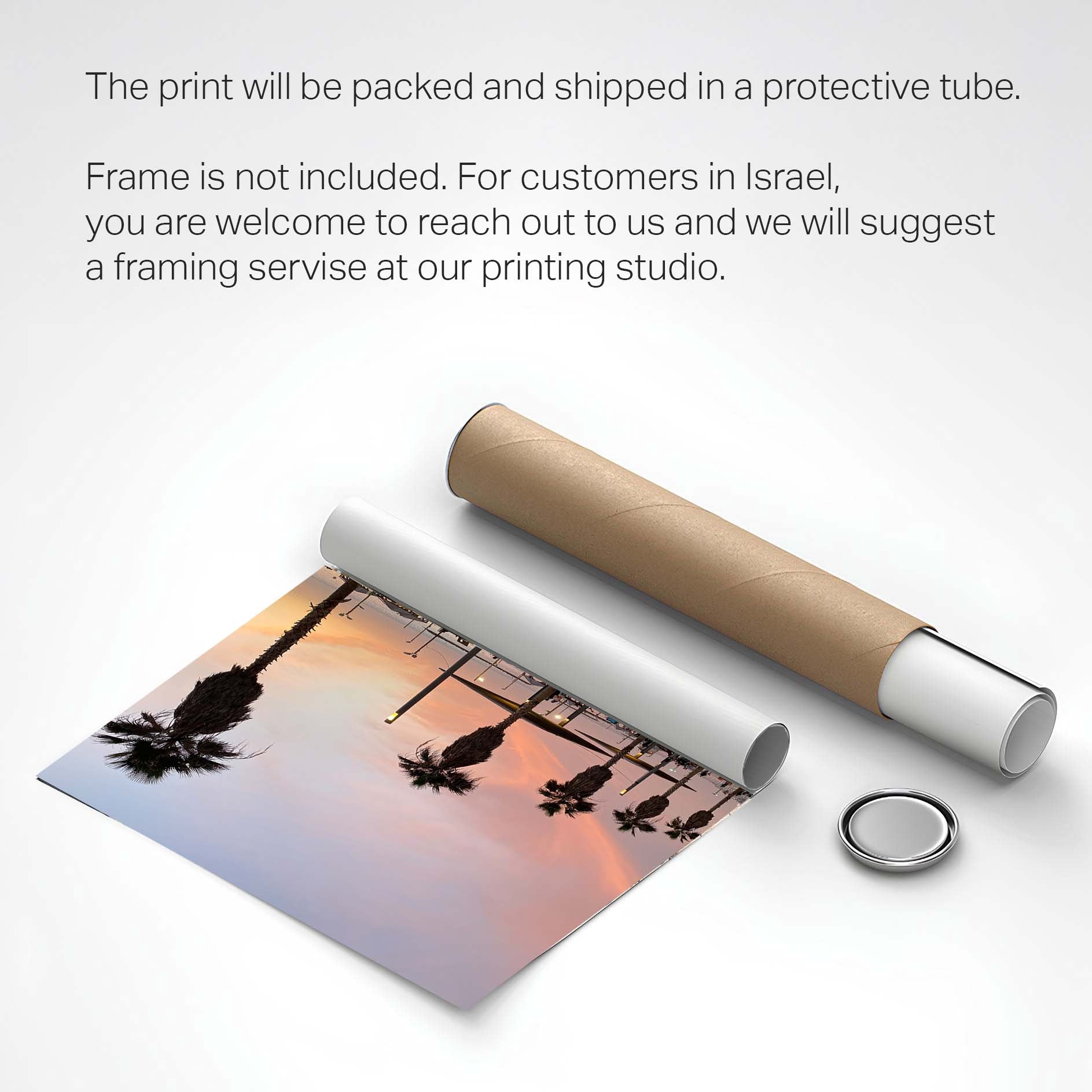 Sunset Sky of Tel Aviv photography print rolled in a protective tube, perfect for Israel wall art.