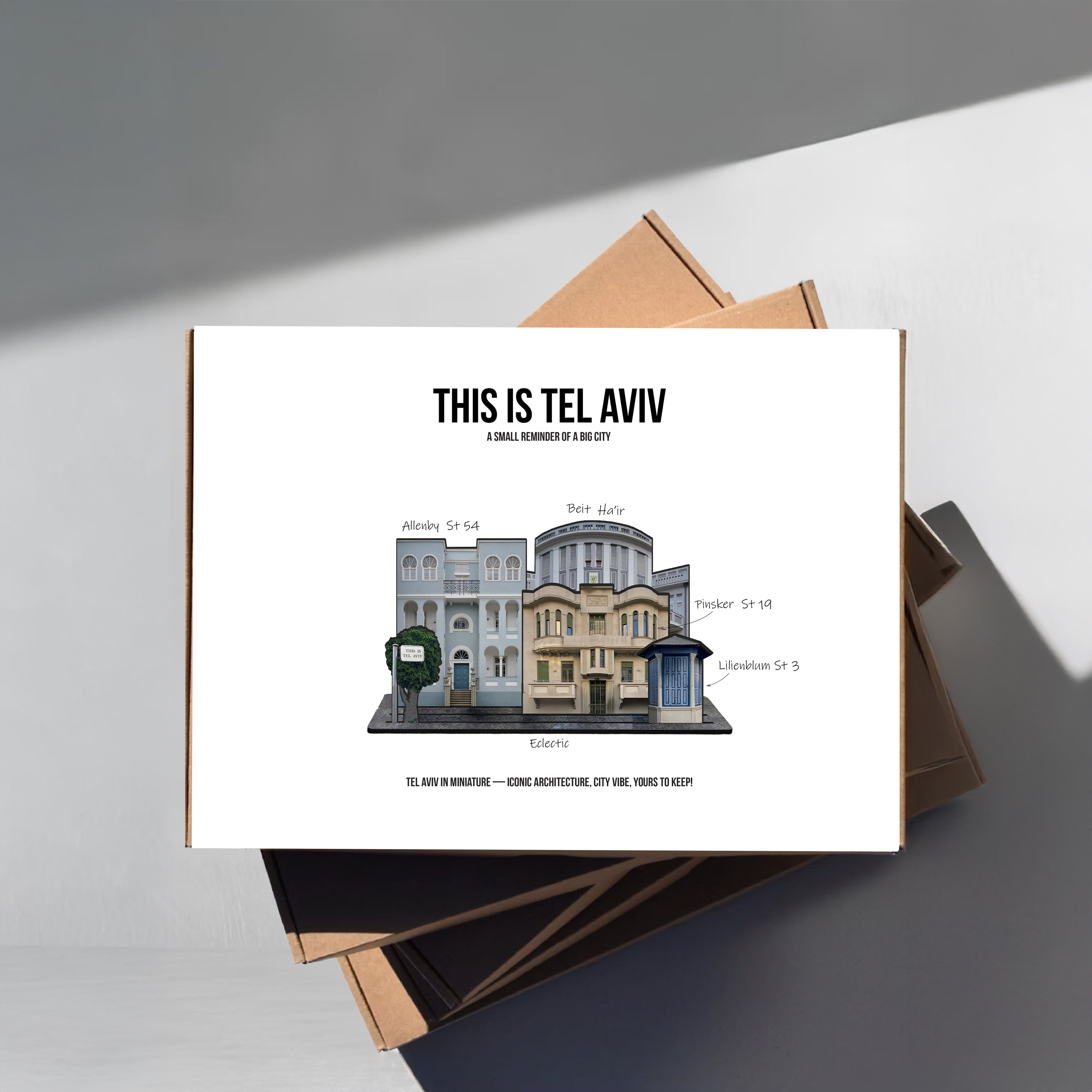 THIS IS TEL AVIV Israel Souvenir — Architecture Miniature box showcasing eclectic architectural details of Tel Aviv.