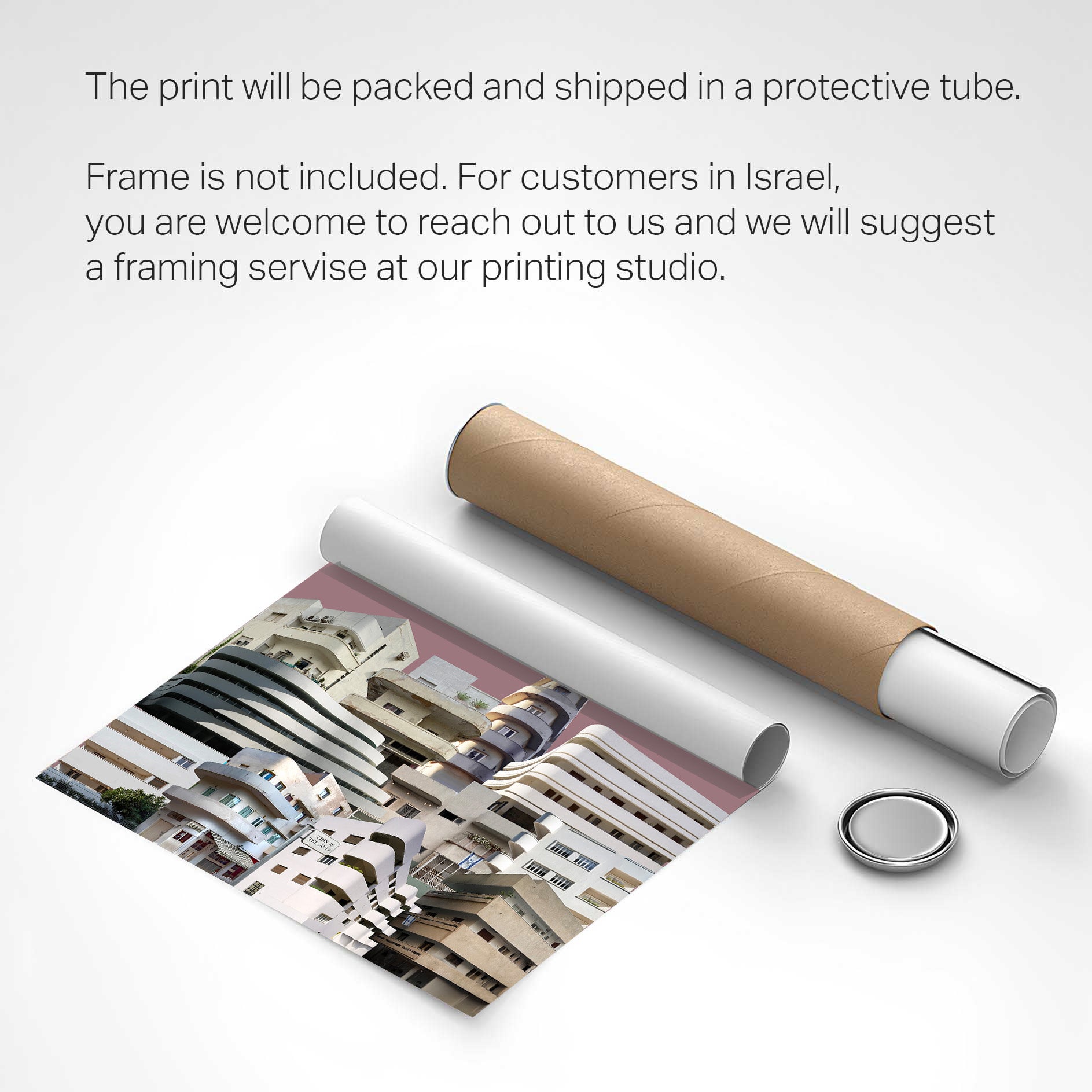 Tel Aviv Architecture collage of bauhaus buildings printed and rolled in a protective tube
