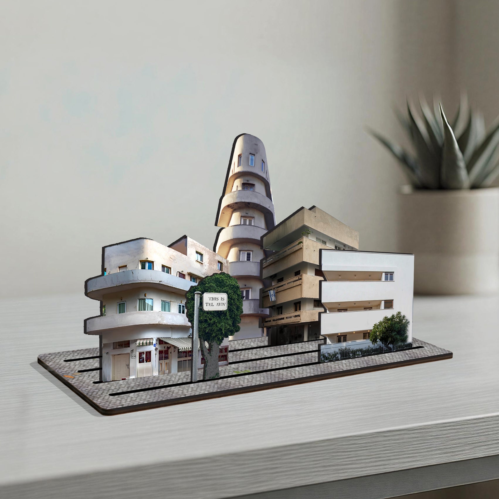 THIS IS TEL AVIV — Wooden Miniature showcasing modernist architecture with clean lines and elegant forms.