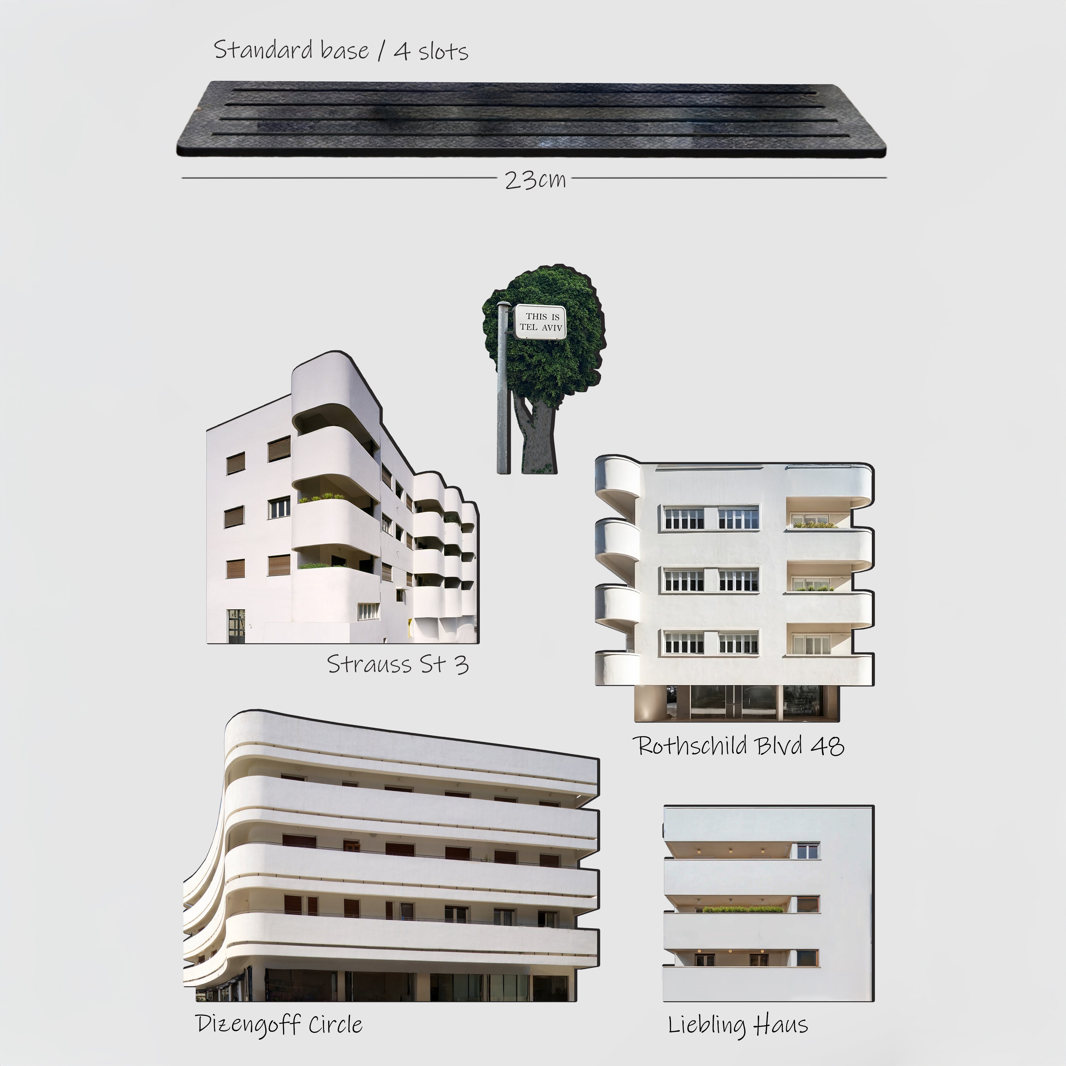 THIS IS TEL AVIV Israel Souvenir — Bauhaus Miniature Set featuring iconic buildings and standard base.