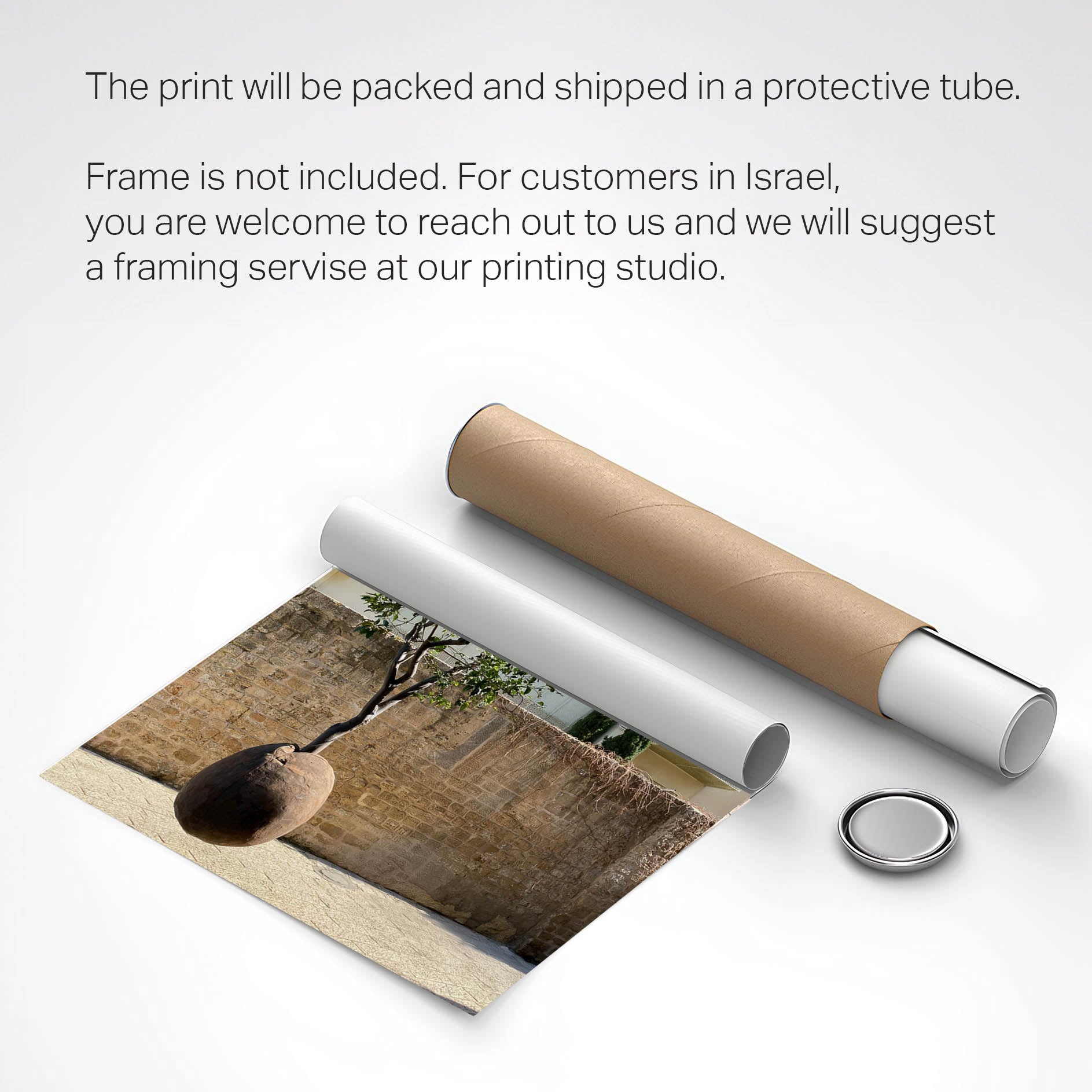 Suspended Orange Tree print rolled in a protective tube, ready for shipping, with framing service details.