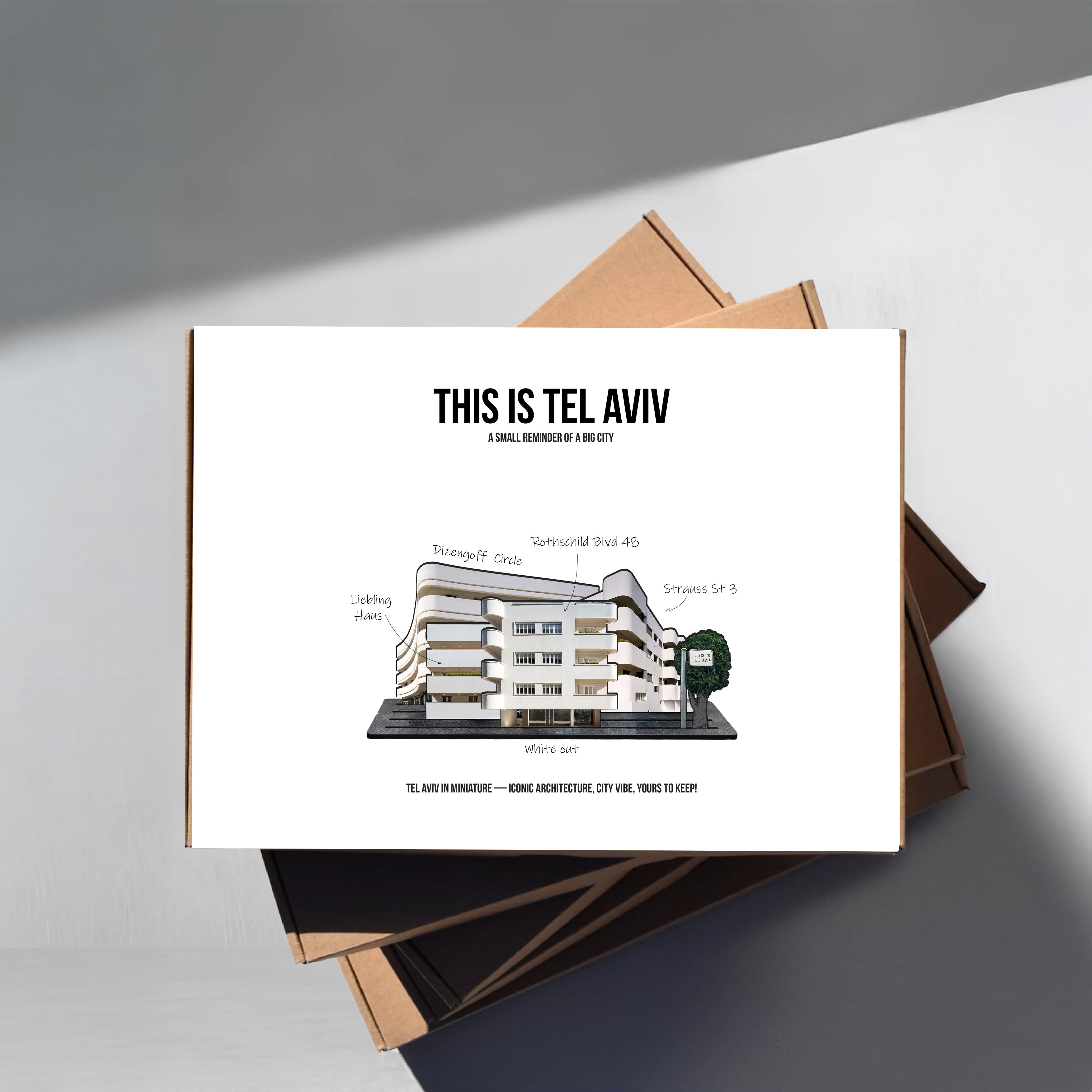 THIS IS TEL AVIV Israel Souvenir — Bauhaus Miniature Set featuring architectural illustrations on a box.