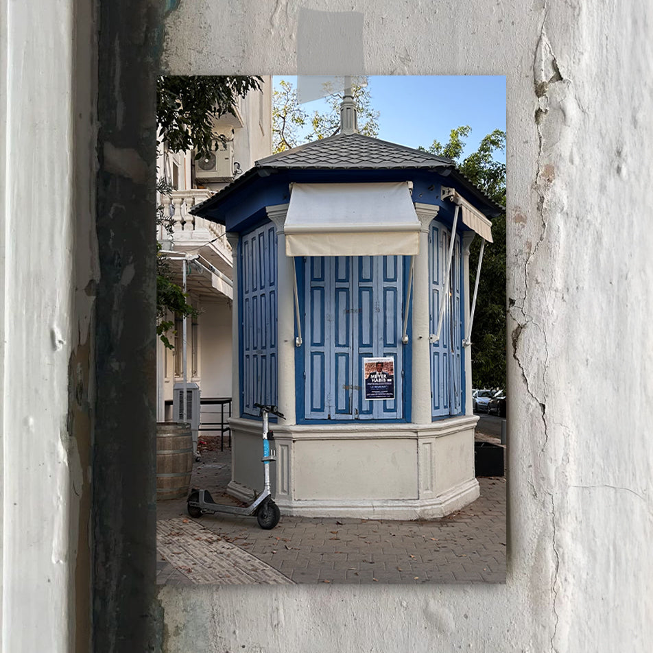 THIS IS TEL AVIV Israel Souvenir — Architecture Miniature featuring a blue kiosk with a charming design in Tel Aviv.