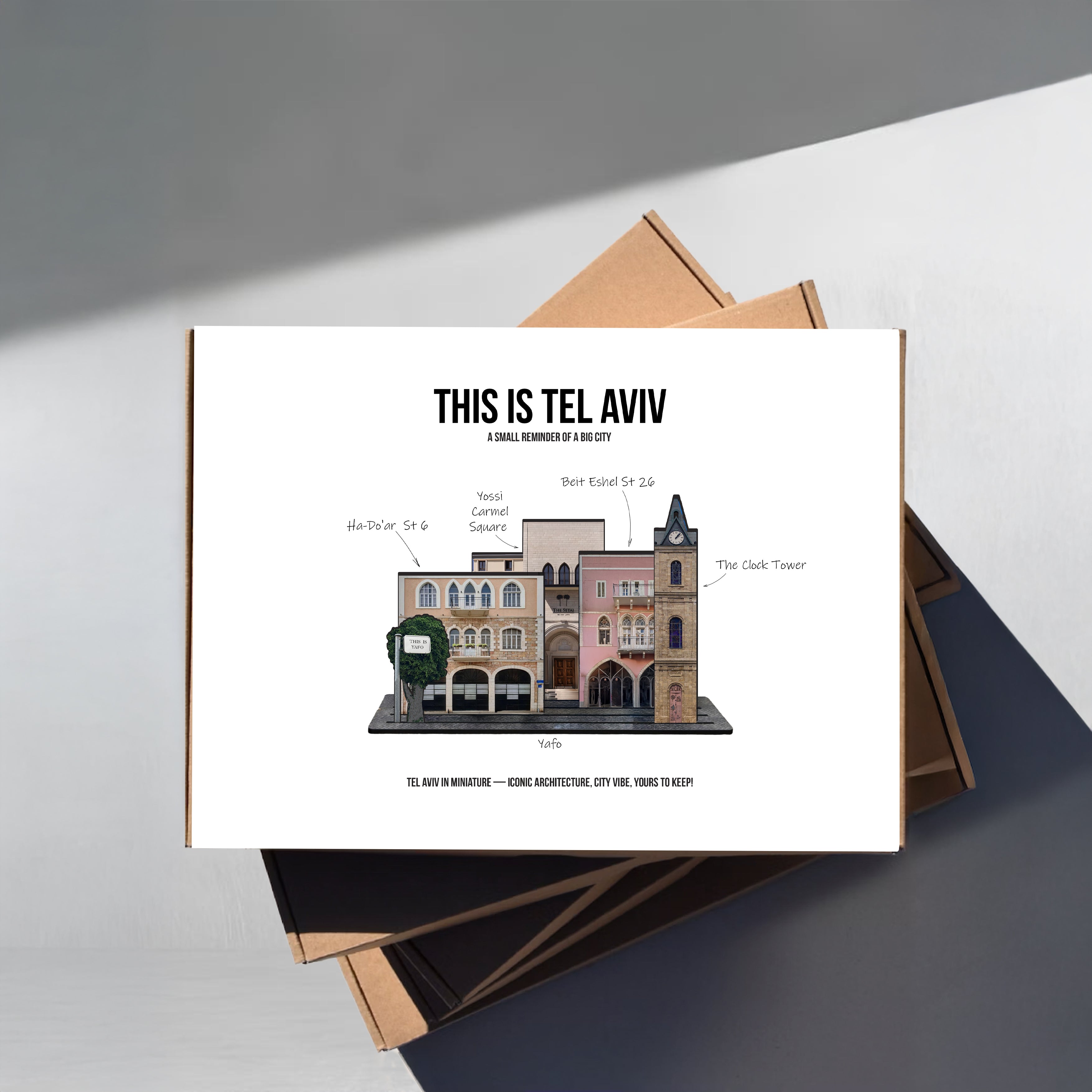 THIS IS TEL AVIV — Wooden Miniature depicting Yafo's historic architecture and landmarks like The Clock Tower.