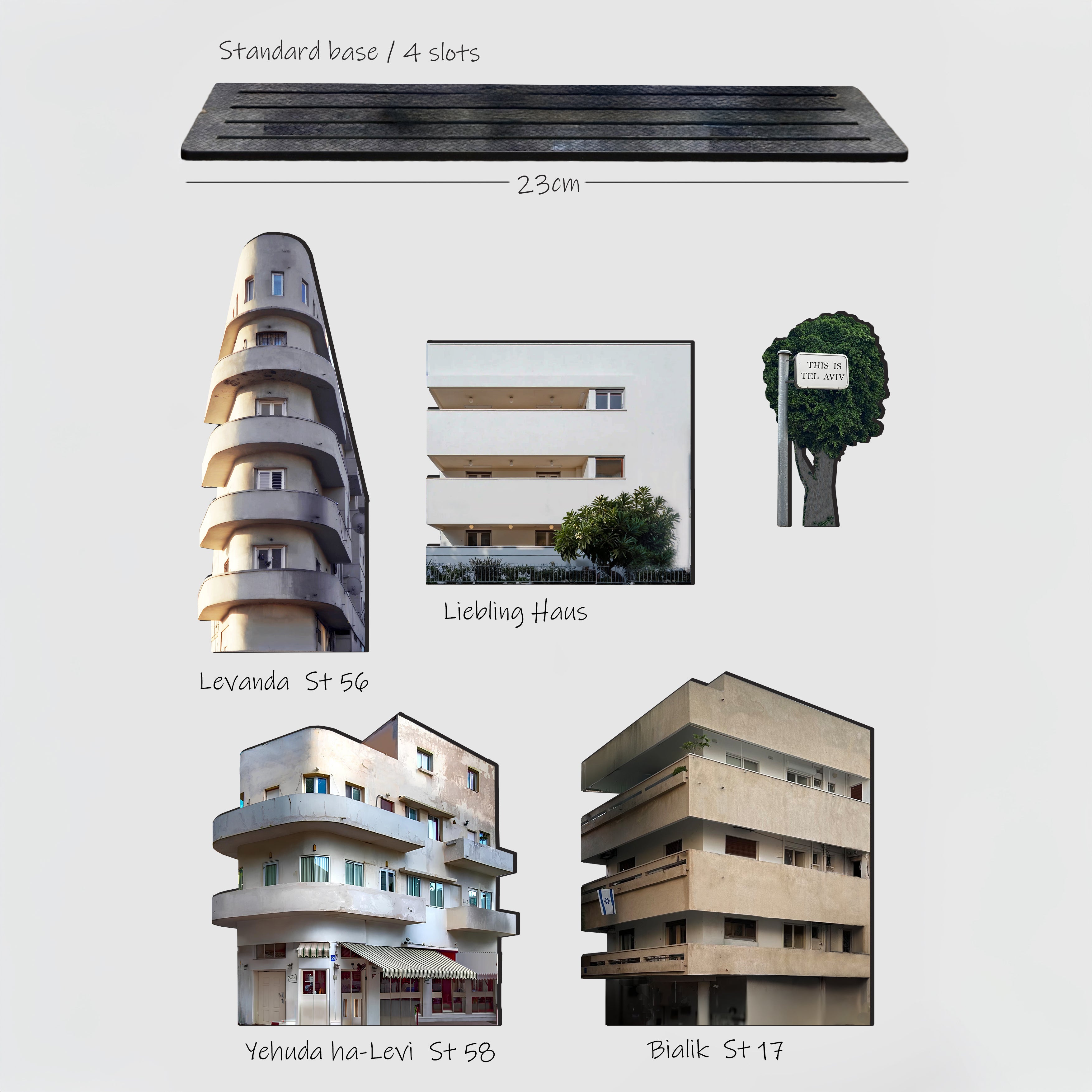 THIS IS TEL AVIV — Wooden Miniature showing iconic buildings and standard base with four slots.