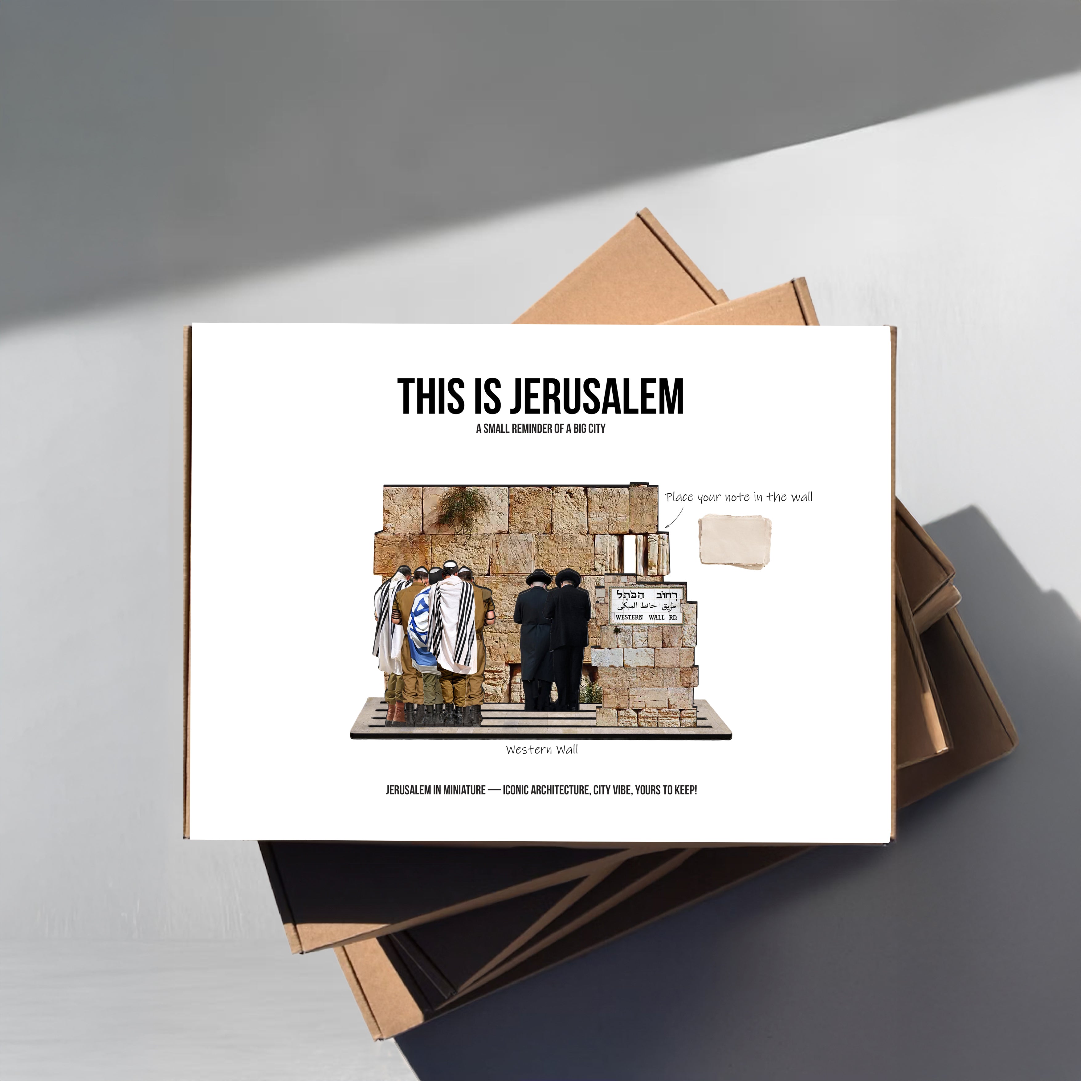 THIS IS JERUSALEM Israel Souvenir — Western Wall Miniature set displayed with a box and people by the Western Wall.