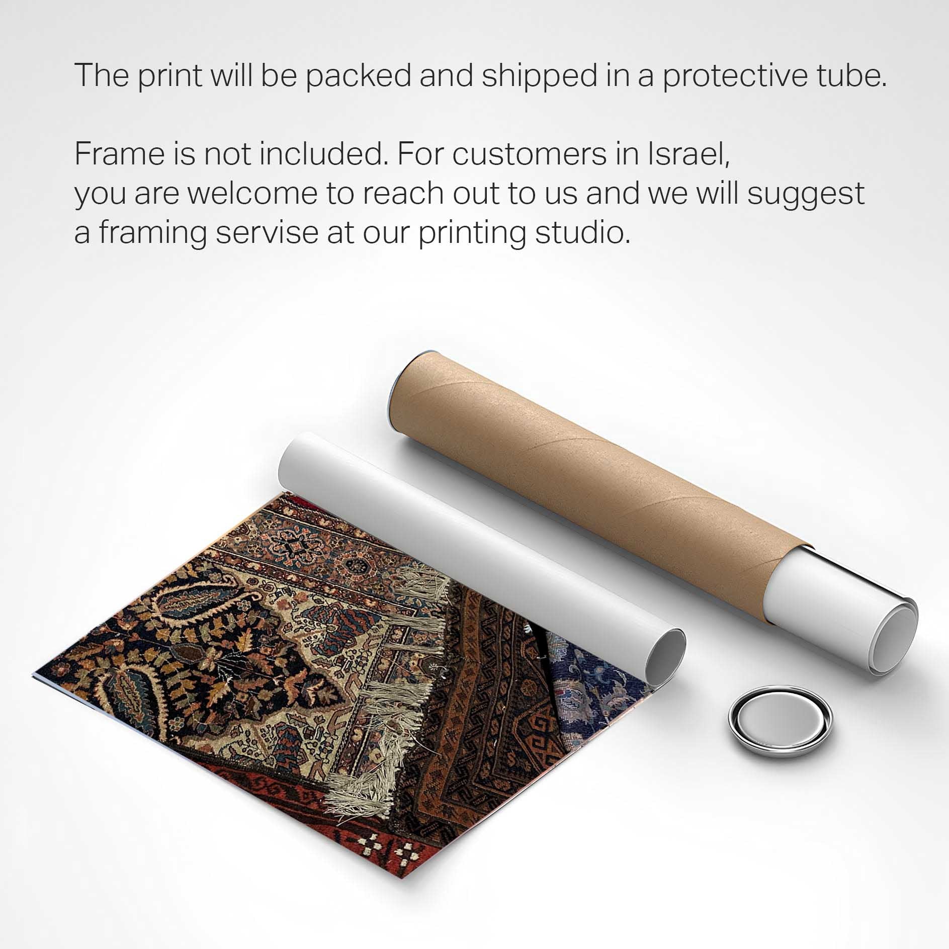 Printed poster of Tel Aviv Carpets packed in a protective tube, ready for shipment.
