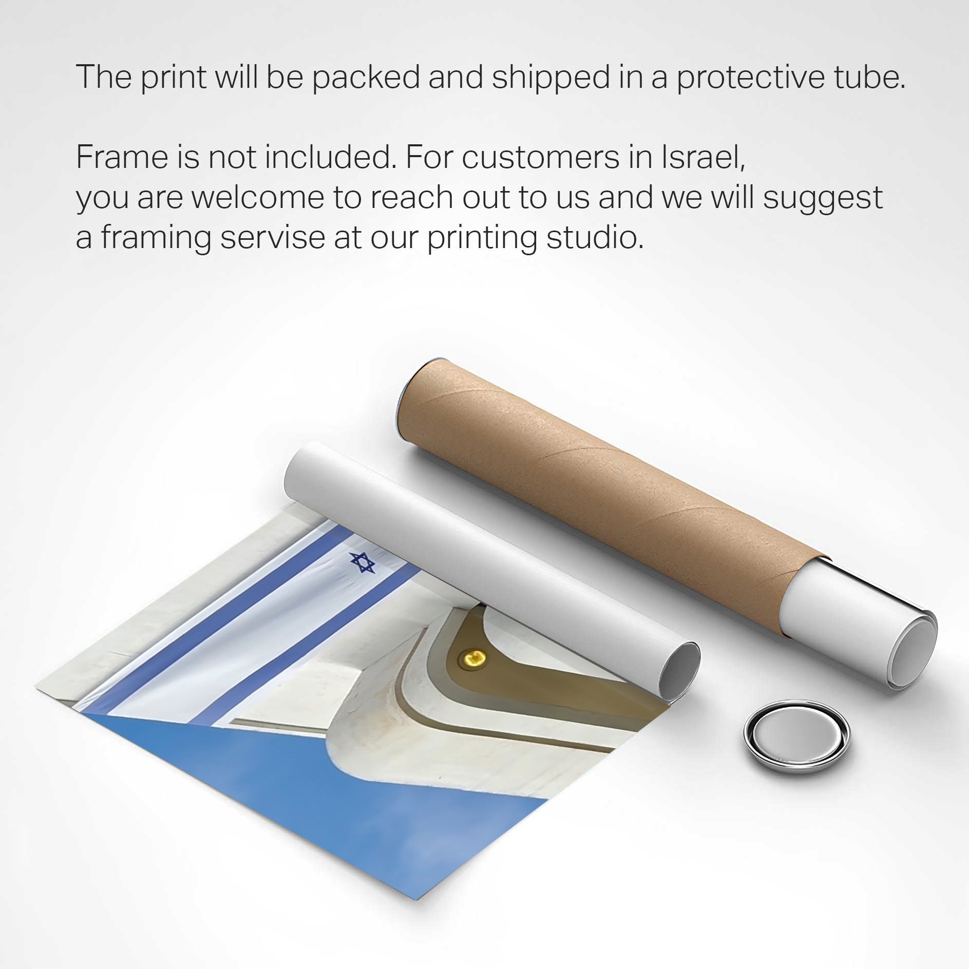 Bauhaus at Dizengoff photography print rolled in protective tube for shipping, featuring Israel design elements.