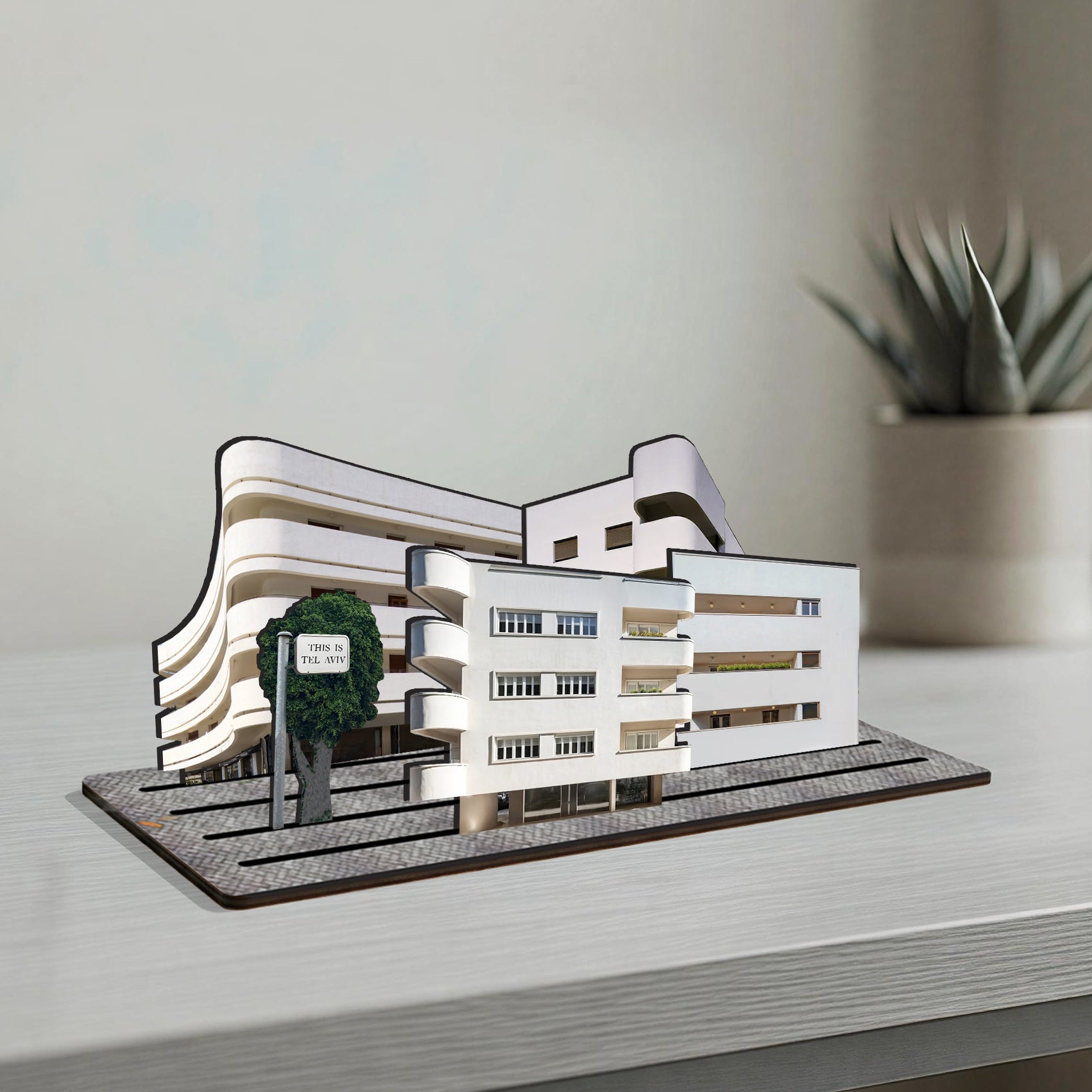 THIS IS TEL AVIV — Wooden Miniature model showcasing iconic Bauhaus architecture of the White City.