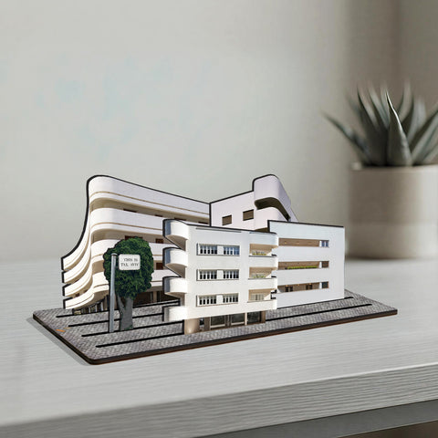 THIS IS TEL AVIV — Wooden Miniature model showcasing iconic Bauhaus architecture of the White City.