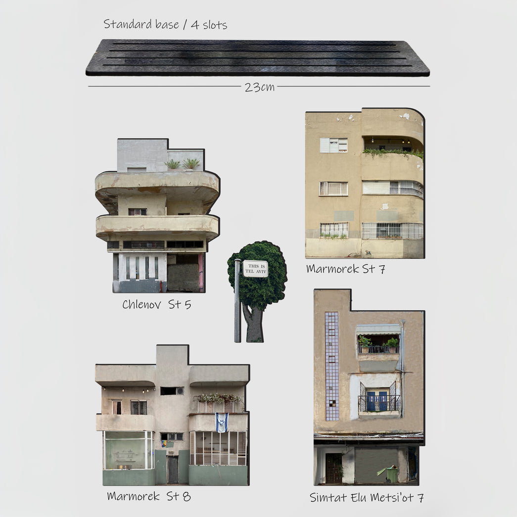 THIS IS TEL AVIV Israel Souvenir — Architecture Miniature set showcasing buildings from Chlenov St 5, Marnorek St 7, Marnorek St 8, and Simtat Ella Metzl'ot.