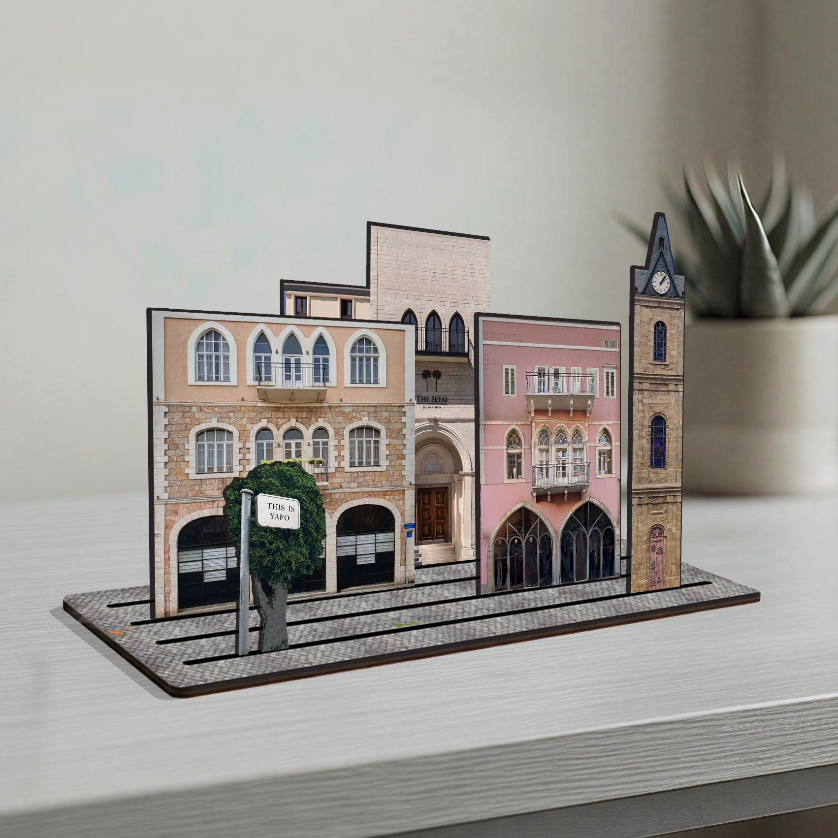 THIS IS TEL AVIV — Wooden Miniature showing the Clock Tower and vibrant architecture of Yafo.