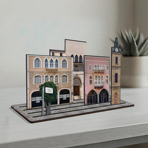 THIS IS TEL AVIV — Wooden Miniature showing the Clock Tower and vibrant architecture of Yafo.