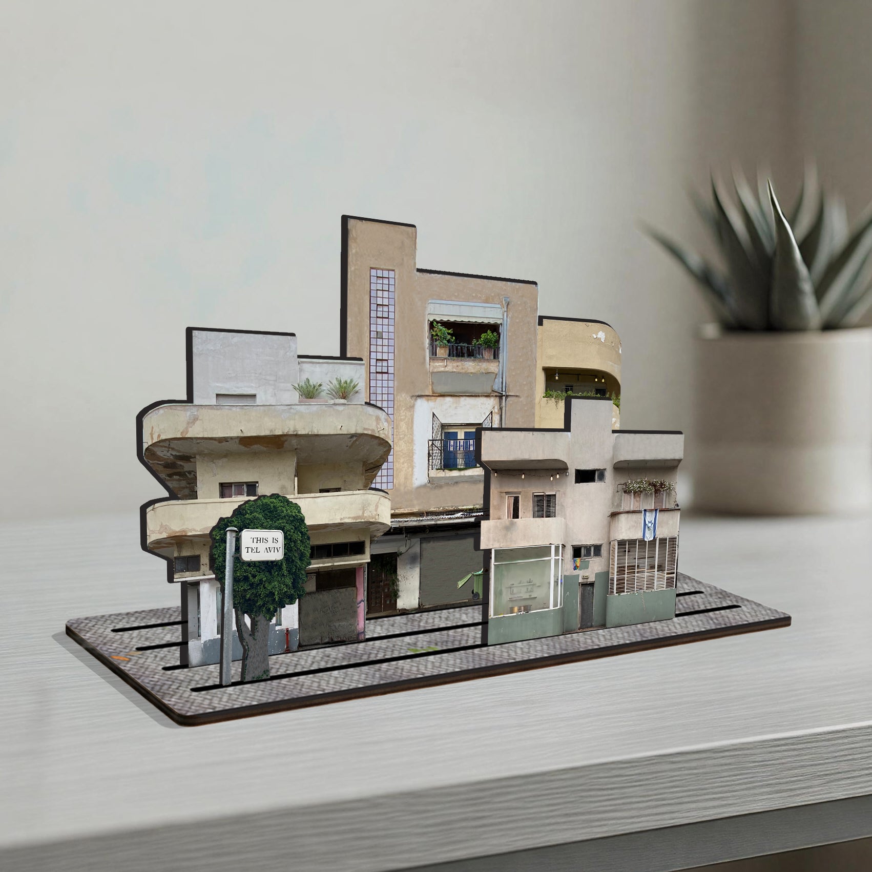 THIS IS TEL AVIV — Wooden Miniature showcasing charming Tel Aviv architecture on a wooden base.