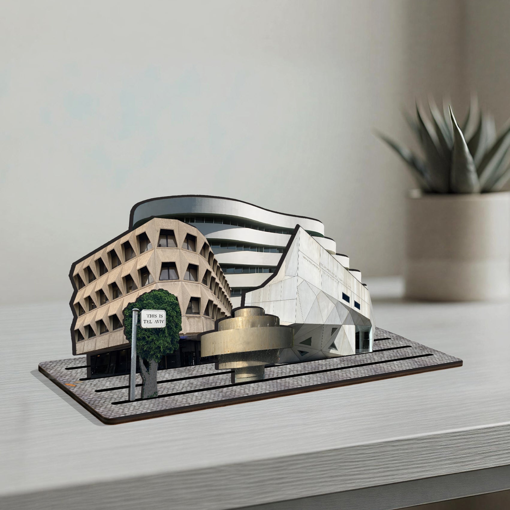 THIS IS TEL AVIV — Wooden Miniature showcasing Tel Aviv’s architectural landmarks on a tabletop.