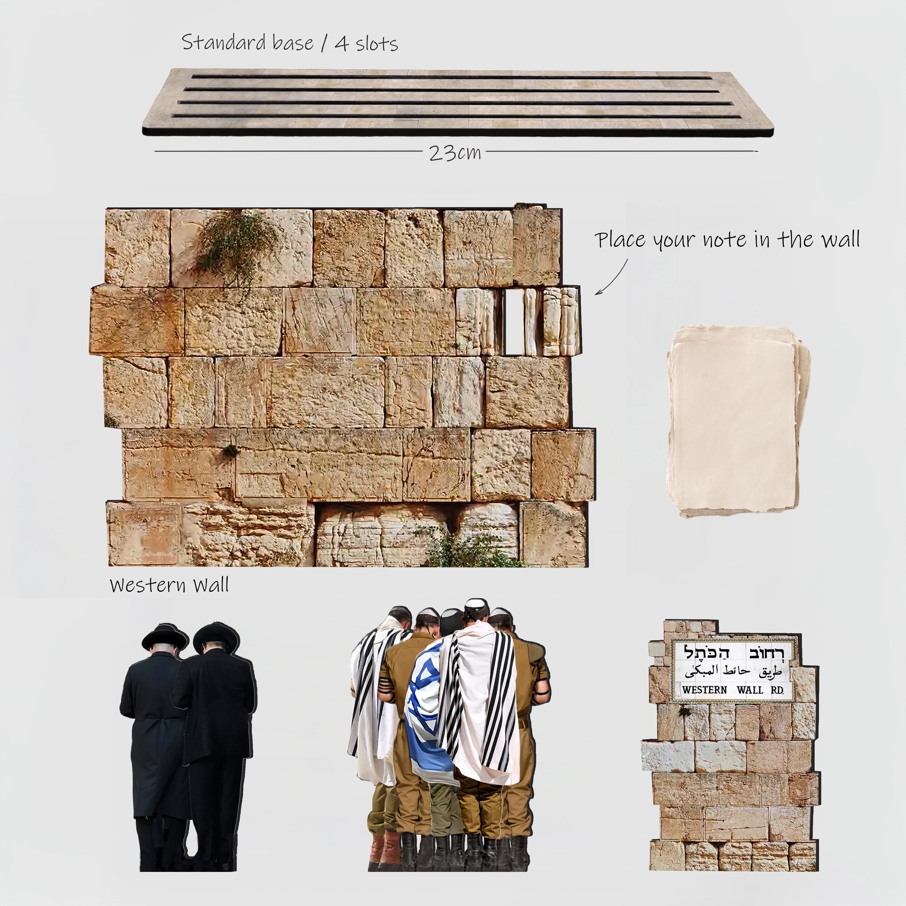 THIS IS JERUSALEM Israel Souvenir — Western Wall Miniature Set with prayer note slots and people at the Western Wall.